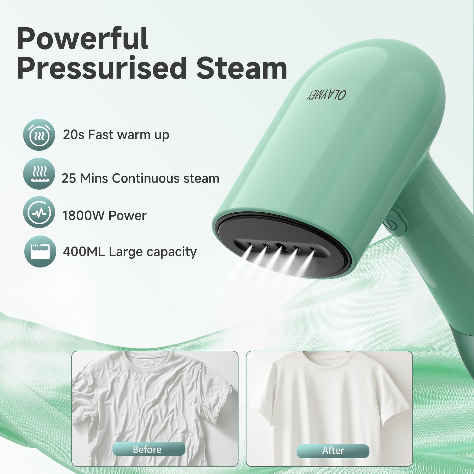 OLAYMEY Steamer Dampfglätter Reise, 1800W Clothes Steamer, 400ML Tragbarer Dampfbügeleisen, Steam Iron 30g/min, 20S Schnelles Aufheizen, Handdampfer für Kleidung, Leicht Dampfbürste für Zuhause