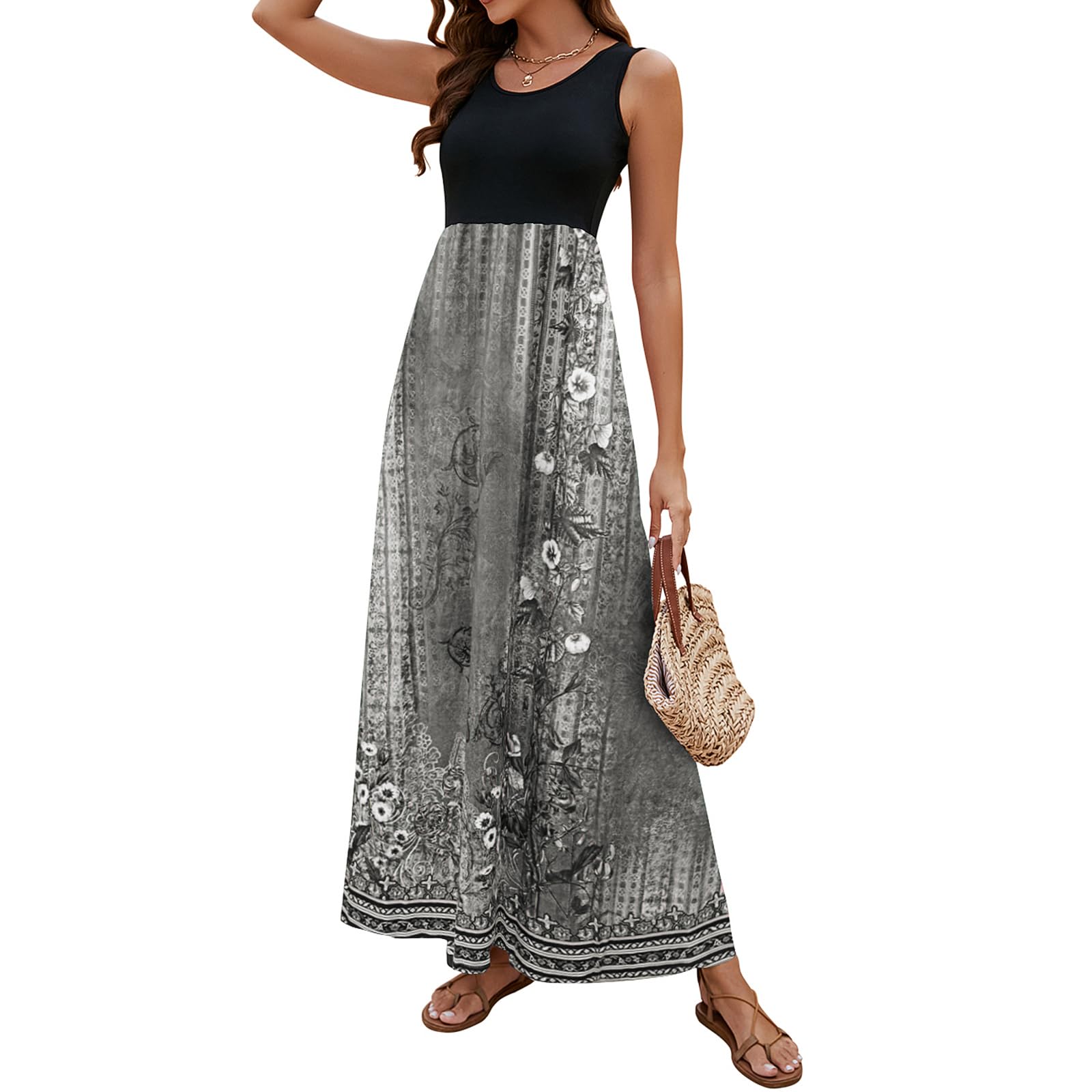 Sherosa Women Boho Chevron Striped Floral Printed Summer Sleeveless Tank Long Maxi Party Dress