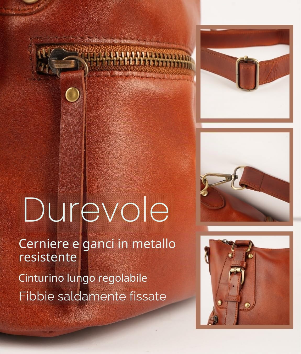 Donna Vera Pelle Borsa A Tracolla Pieno Fiore Vera Pelle Cognac SLG-2, Cognac, Medium
