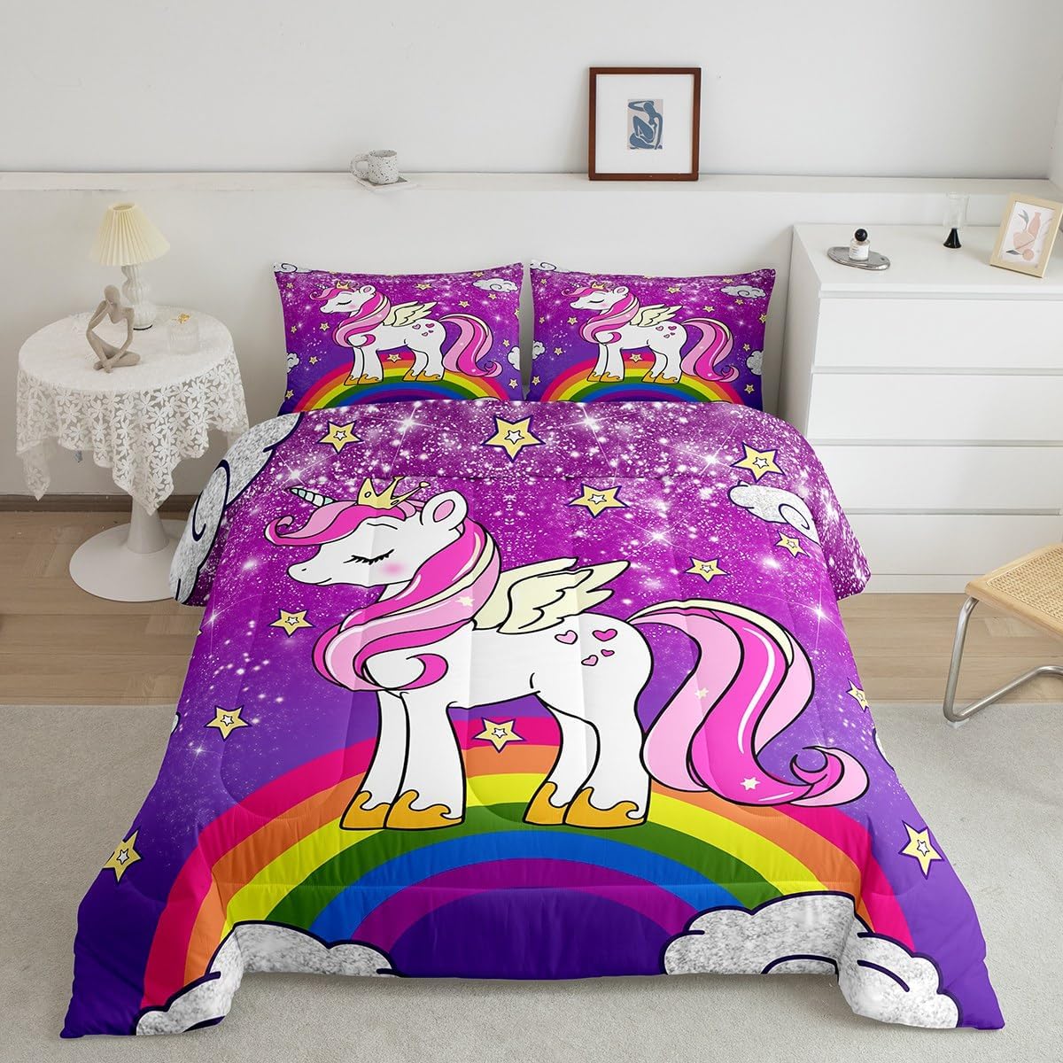 Feelyou Cute Unicorn Reversible Comforter Set Twin Size Kids Unicorn Glitter Rainbow Comforter for Boys Teens Girls Cute Unicorn Bedding Set Cute Animal Duvet Set Room Decor Quilt Set Multi