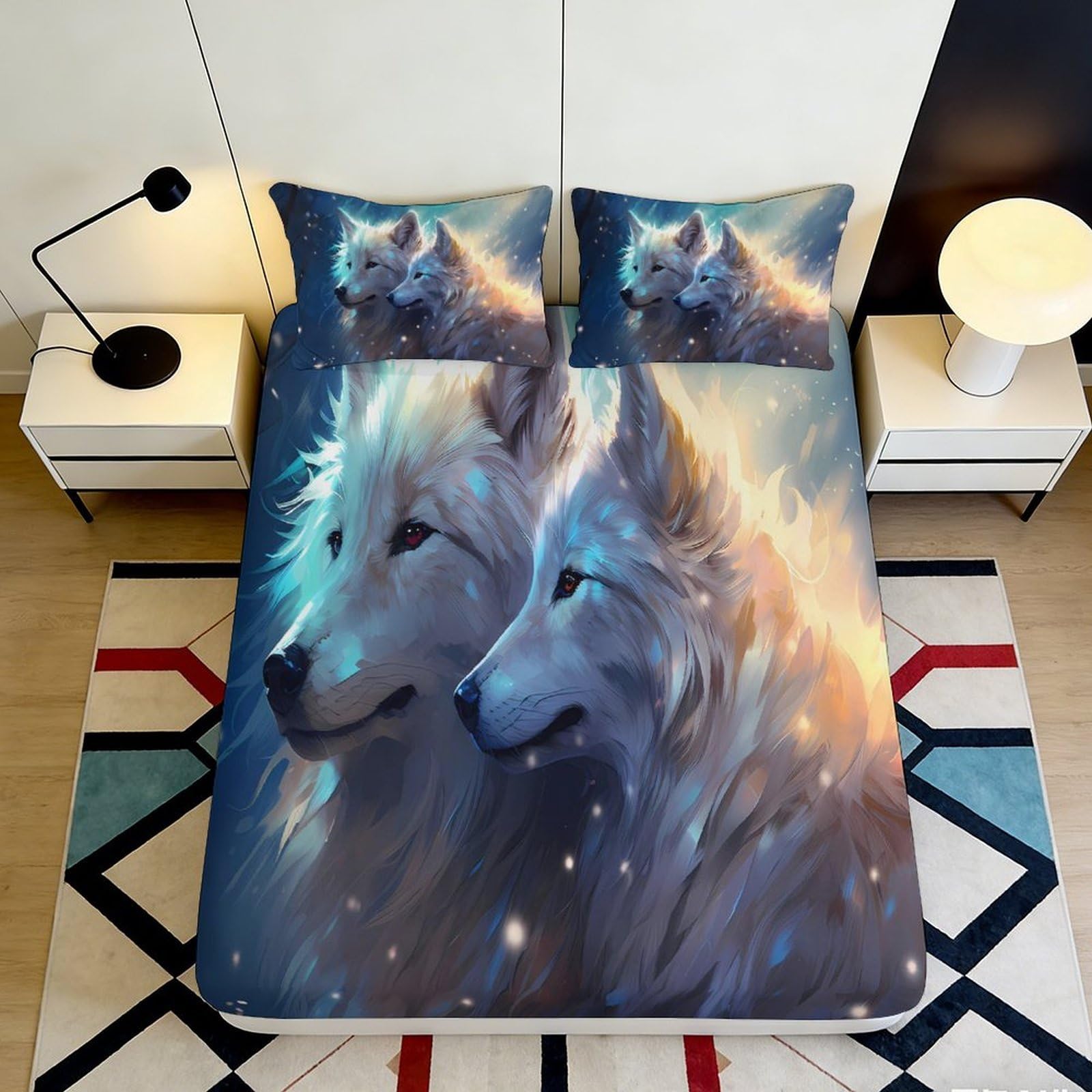 Jqzkxnhpbr Style-5 3D Printed White Wolf Fitted Sheet Microfiber Soft Breathable Night Forest Bed Cover For Bedroom Dorm Decor 90X200x25cm