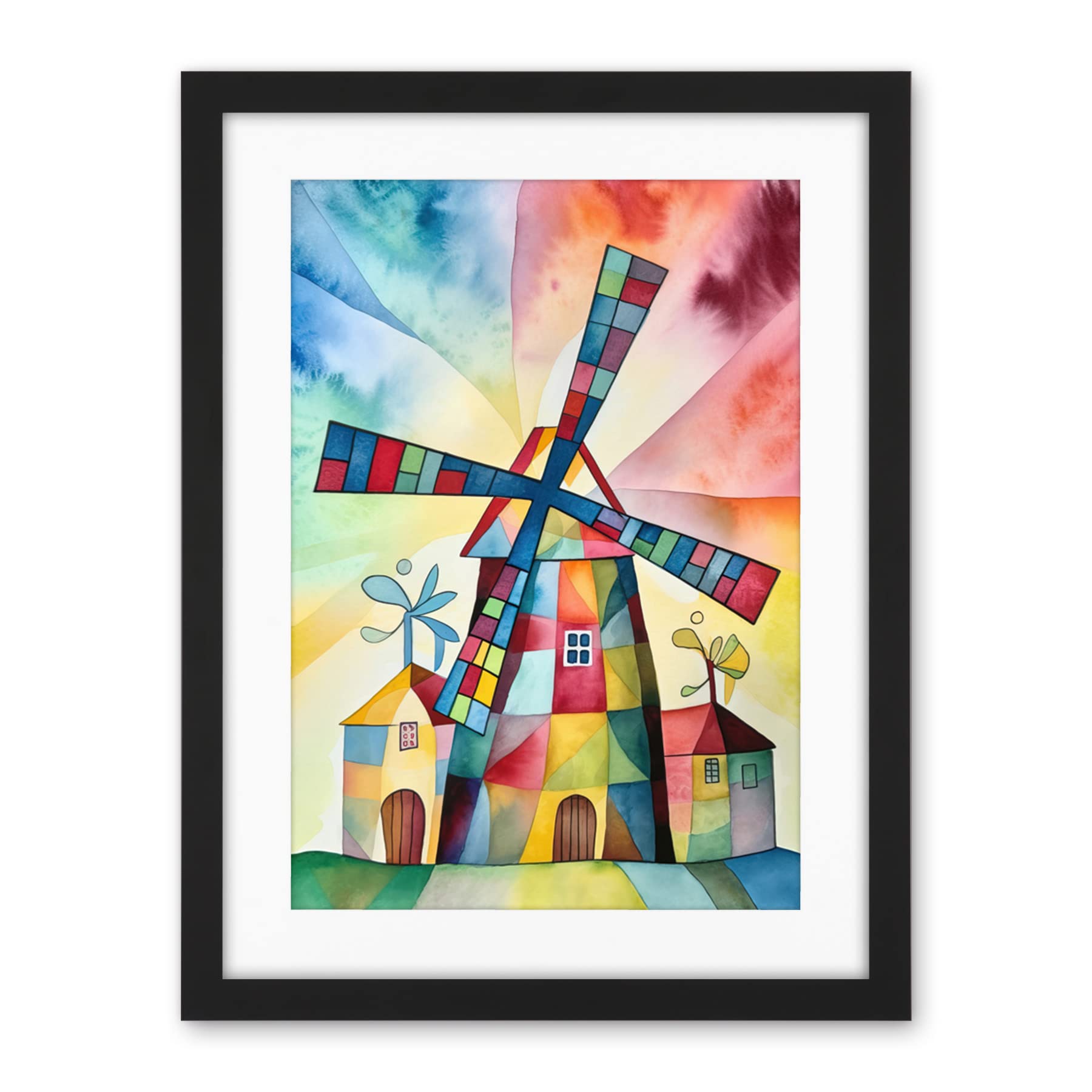 Artery8 Windmill Folk Art Abstract Bright Artwork Framed Wall Art Print 18X24 Inch