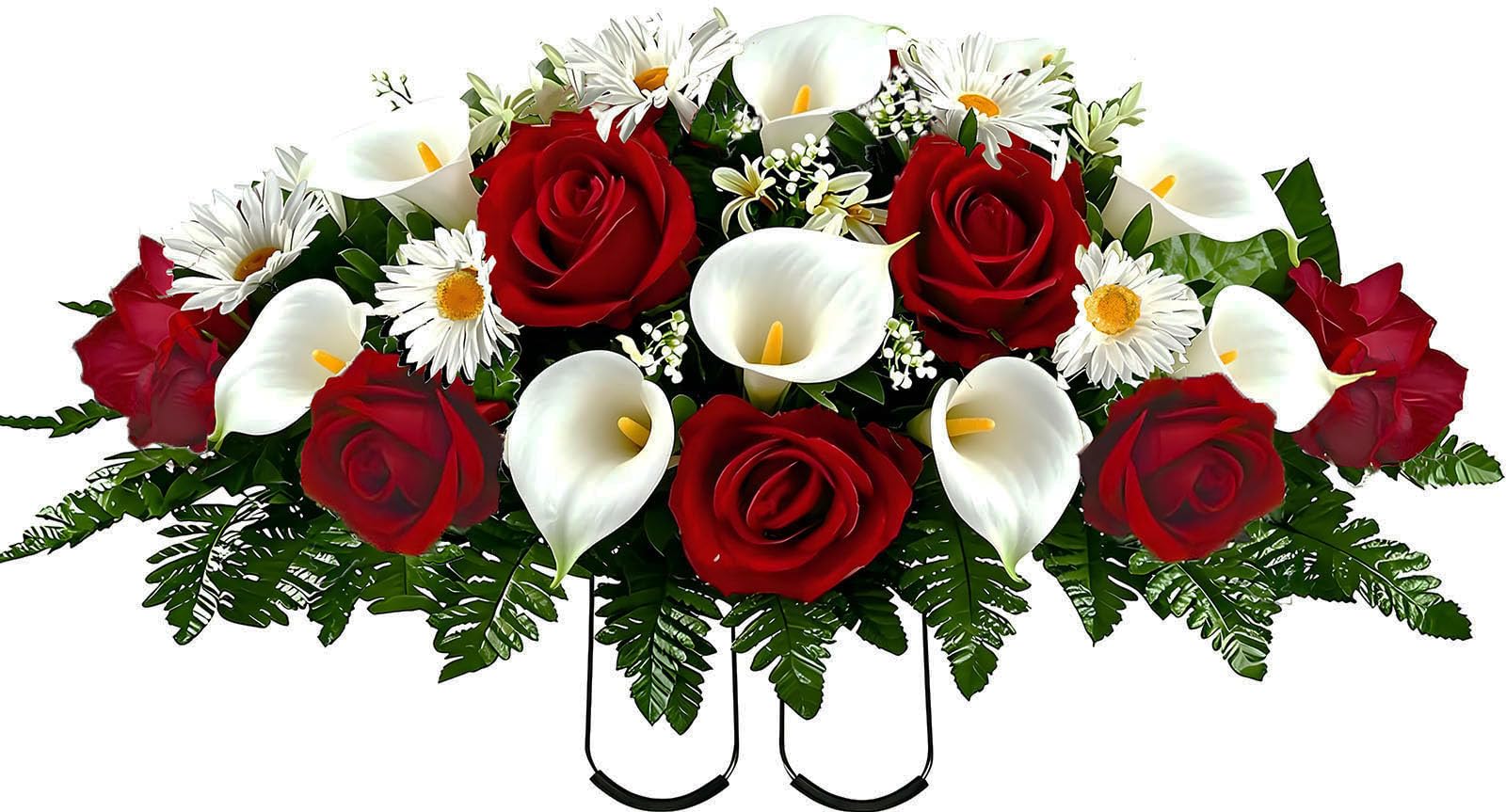 Artificial Roses Calla Lily Daisy Cemetery Flowers Outdoor Grave Decorations - Saddle Arrangement for Headstone,Outdoor Tombstone Memorial Decorations, Easy Fit (Red White) image 2