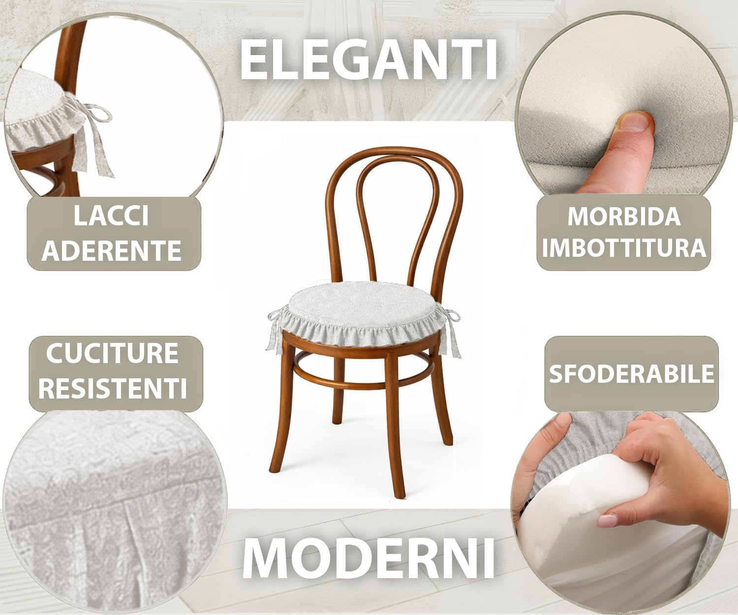HAND Set 4 Cuscini Rotondi per Sedie con Lacci Antiscivolo, Sfoderabili, Imbottitura Inclusa, Dimensioni con bordi 45x45 cm, Adatto per Cucina, Interni ed Esterno, Cuscini O Made in Italy (Ecrù)