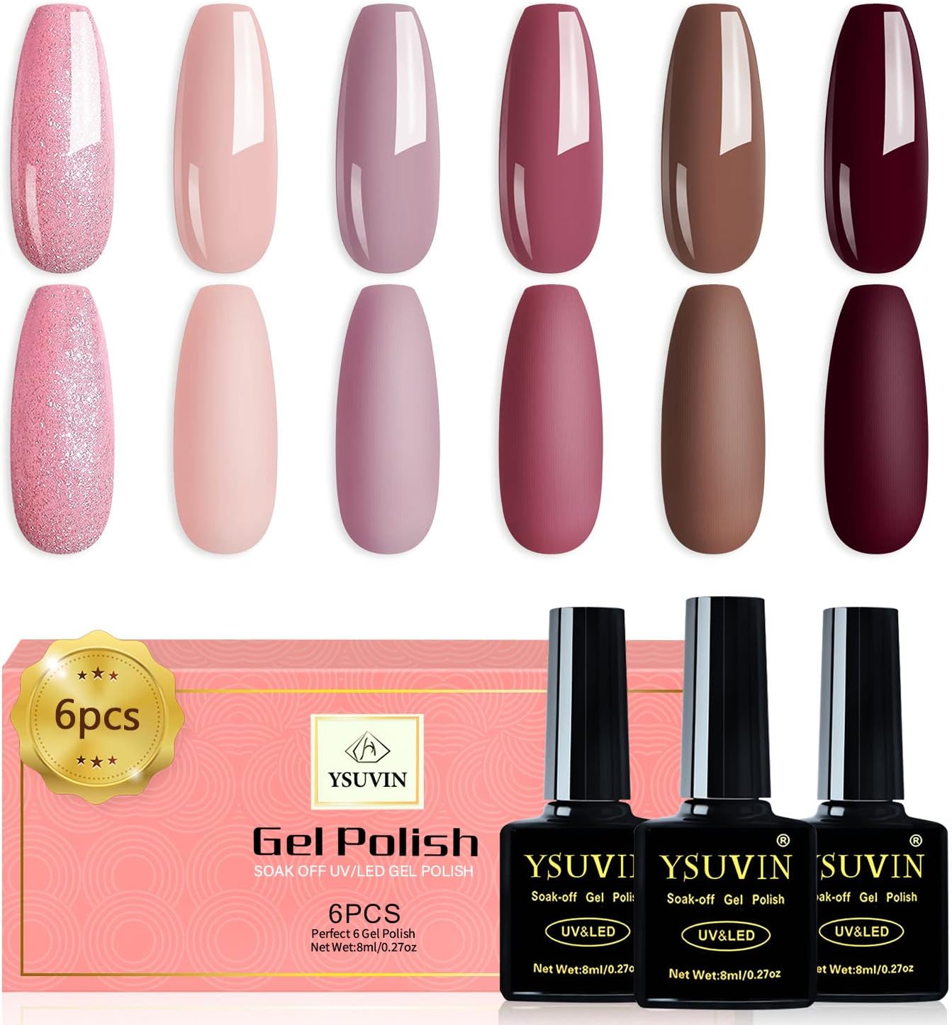Yueshop Gel Nail Polish Set, Wine Red Nude Pink Light Pink Reddish Brown Gel Nail Polish Soak Off UV LED Lamp gel nail Varnish nail Art DIY Manicure Beauty Set 6pcs 8ml