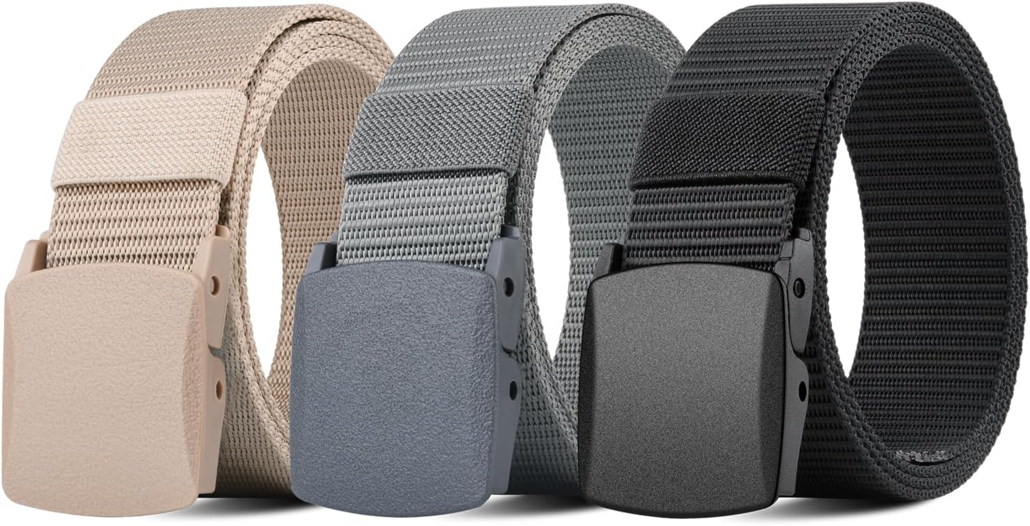 3 Pack Military Canvas Tactical Belts Men, Holes Free Nylon Web Mens Belt with Quick Release Plastic Buckle, TSA Safe