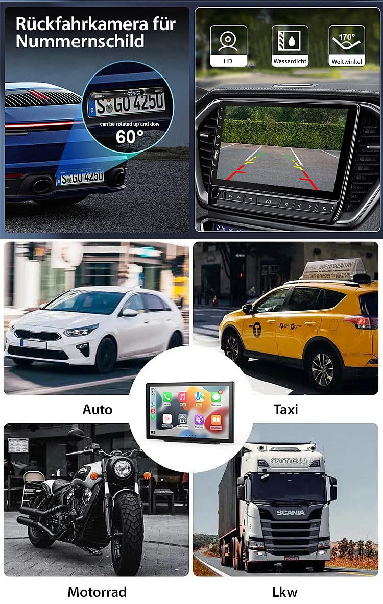 Lescars Apple Carplay Display: IPS-HD-Display für Android Auto & CarPlay, 9" / 22,9cm, 2K-Frontkamera (Auto Monitor, FM Transmitter, SD)