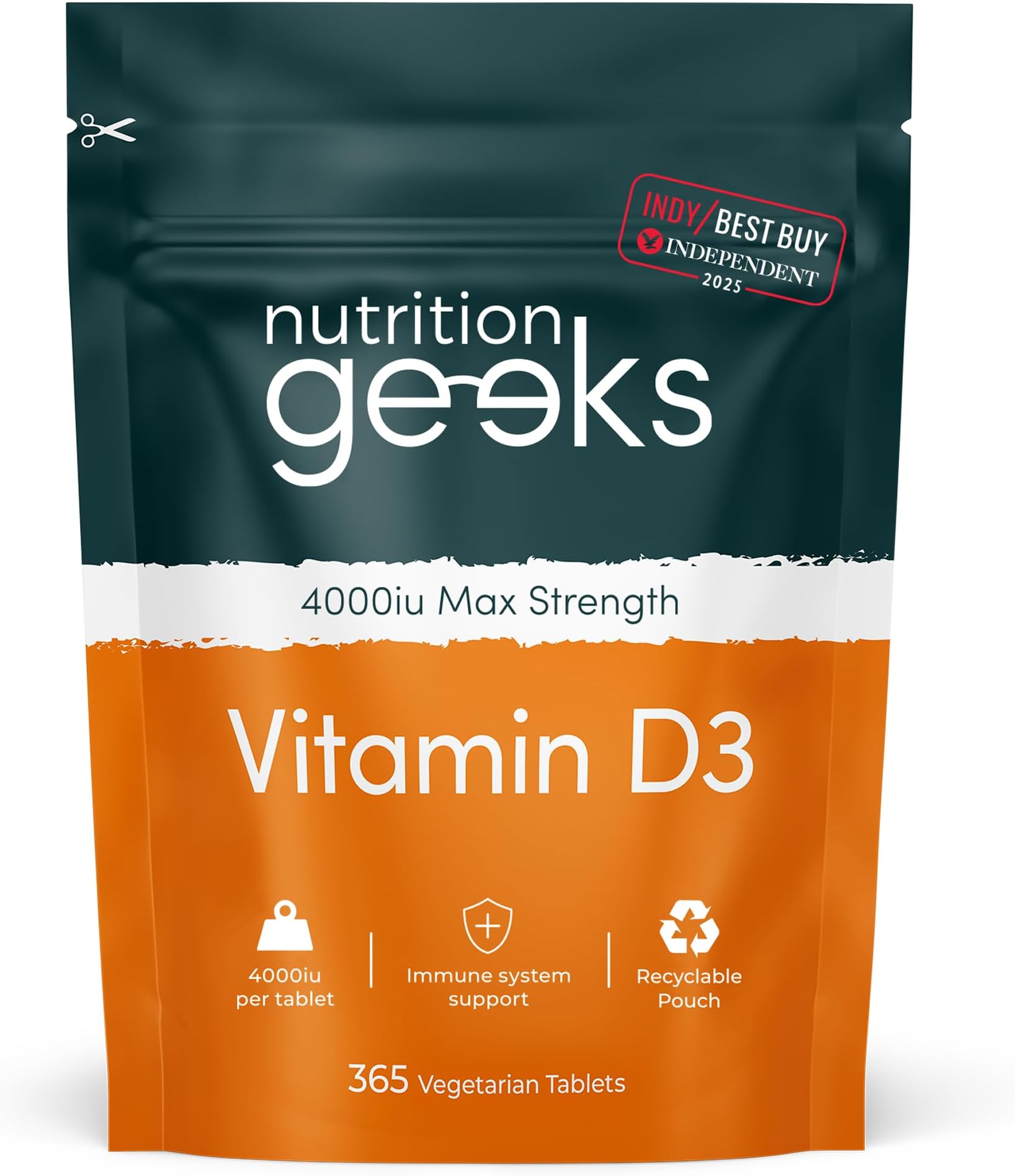 Nutrition Geeks, Vitamin D 4000 iu - 1 Year Supply, 365 Easy-Swallow Tablets Vegetarian D3 iu, High Strength Supplet UK Made VIT & Vitamins Awarded by The Independent