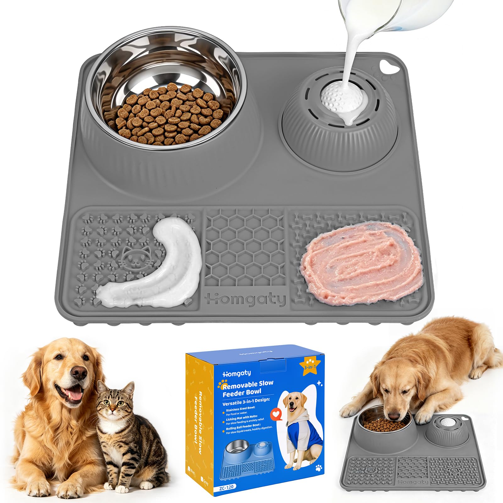 Homgaty 3-in-1 Dog Lick Bowl with Rolling Ball,50oz Stainless Steel Slow Feeder Bowl & Silicone Lick Mat,Non Slip Anxiety Relief Feeding Bowl for Dog Cat,Blue Grey Available (Grey)