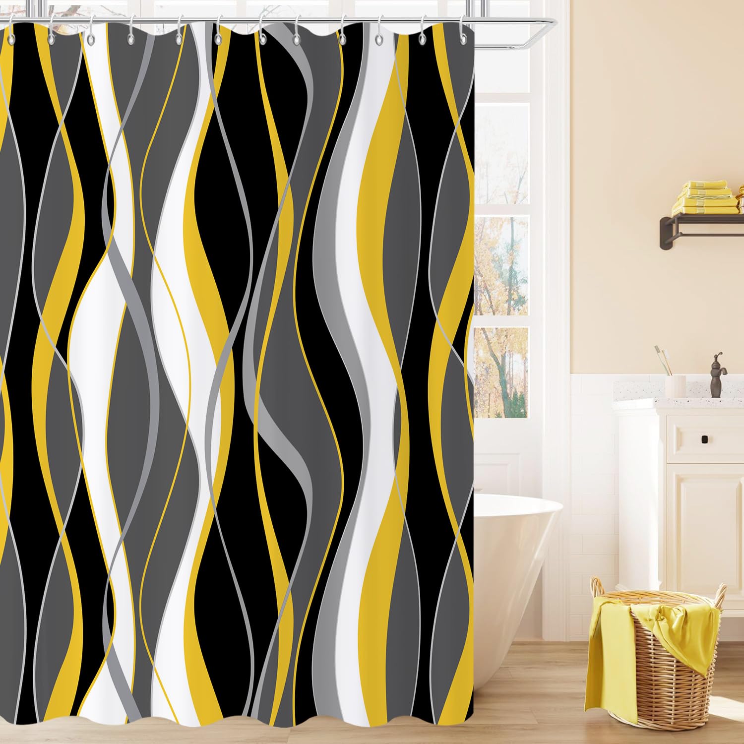GCIREC Shower Curtain, 165x180cm, Modern Abstract Black Grey White Yellow Ombre Striped Minimalist Art Waterproof Fabric Machine Washable Bathroom Curtain with Hooks