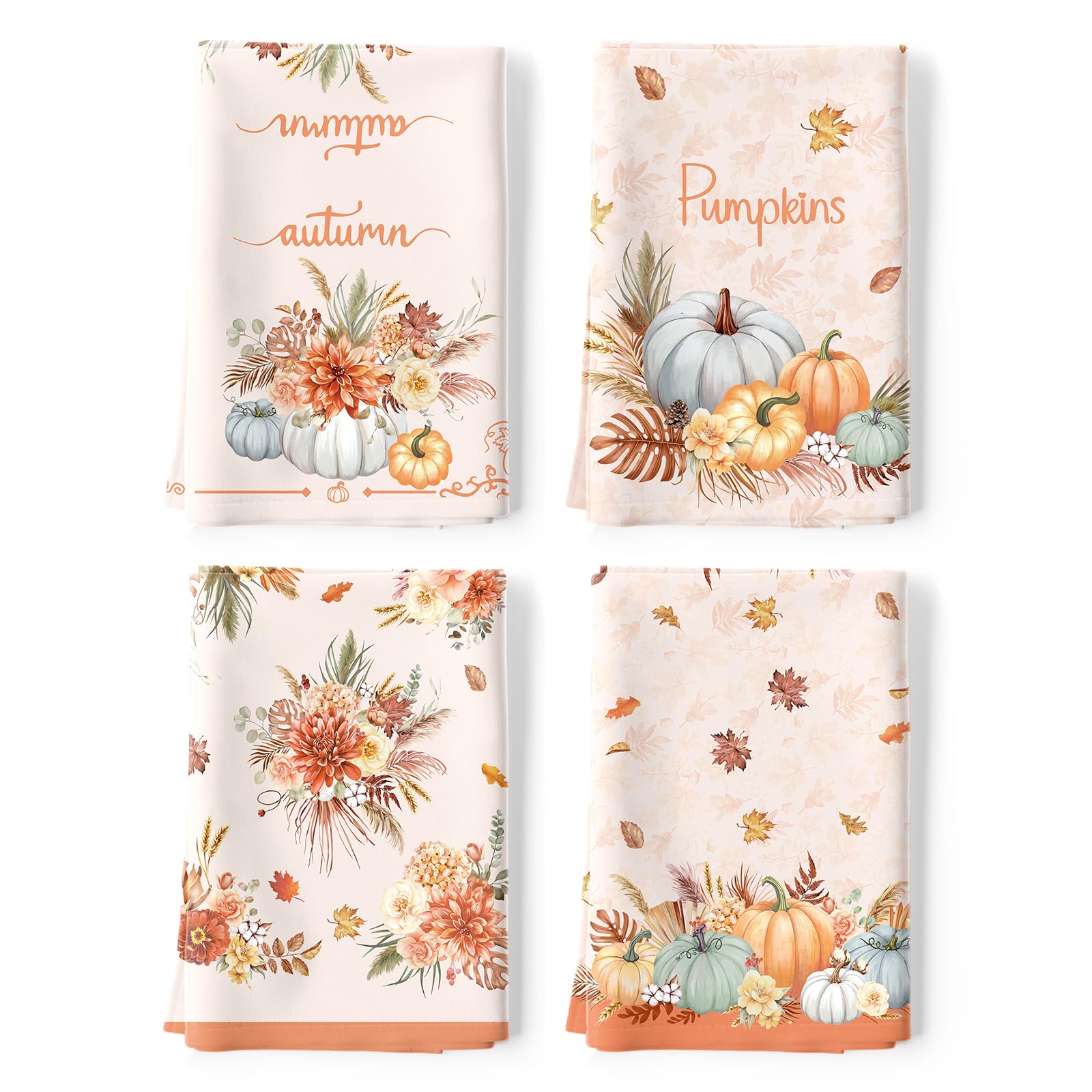 Arquiel Fall Pumpkin Flowers Tea Towels, Cotton Kitchen Towel 48 × 70 cm, Quick Drying Dish Cloth for Thanksgiving Party Anniversary Holiday Decoration Housewarming Gifts
