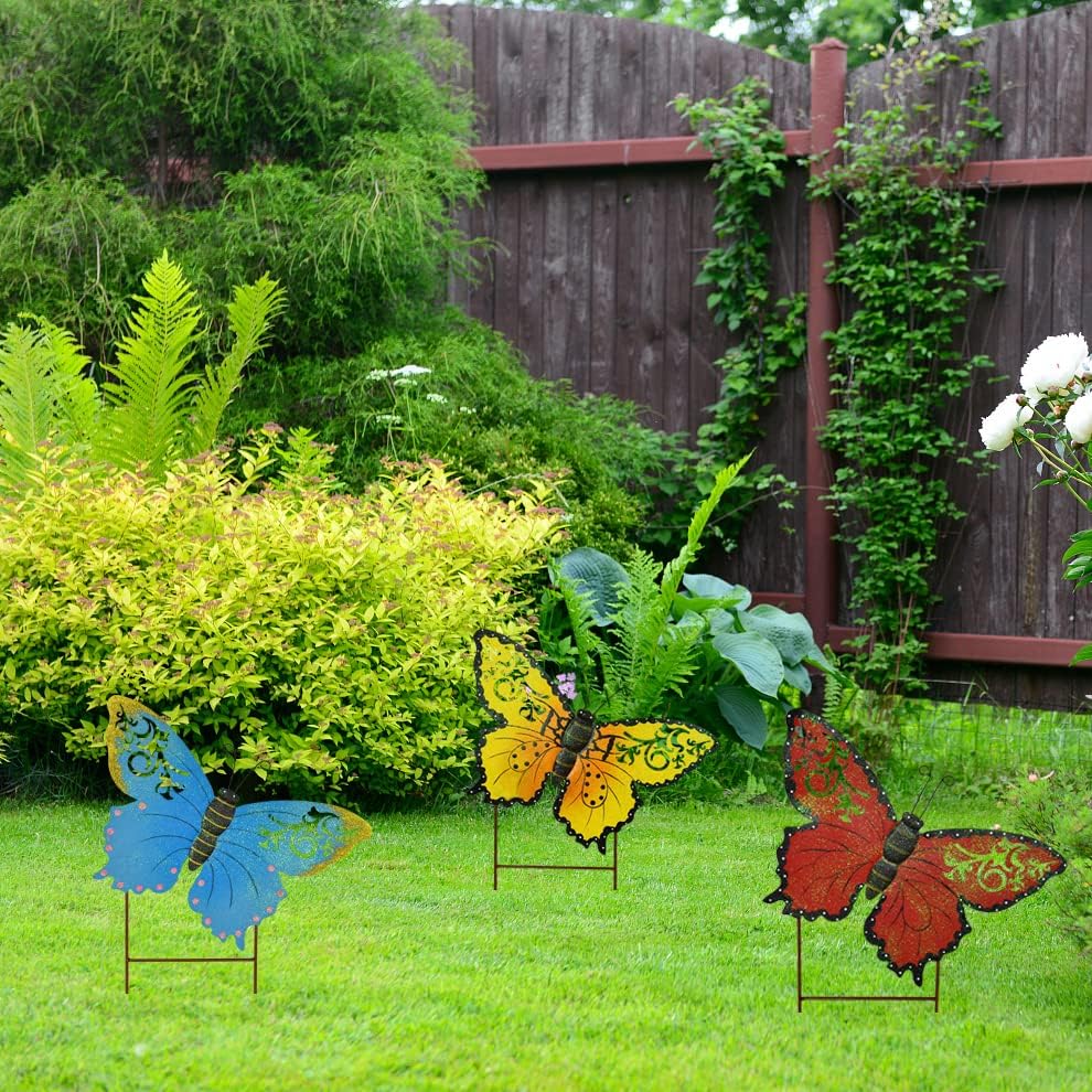 Miniatura 5 de Aecipl Decoración de jardín con estacas de mariposa de metal, letrero decorativo para césped para interiores y exteriores, estaca para plantas,