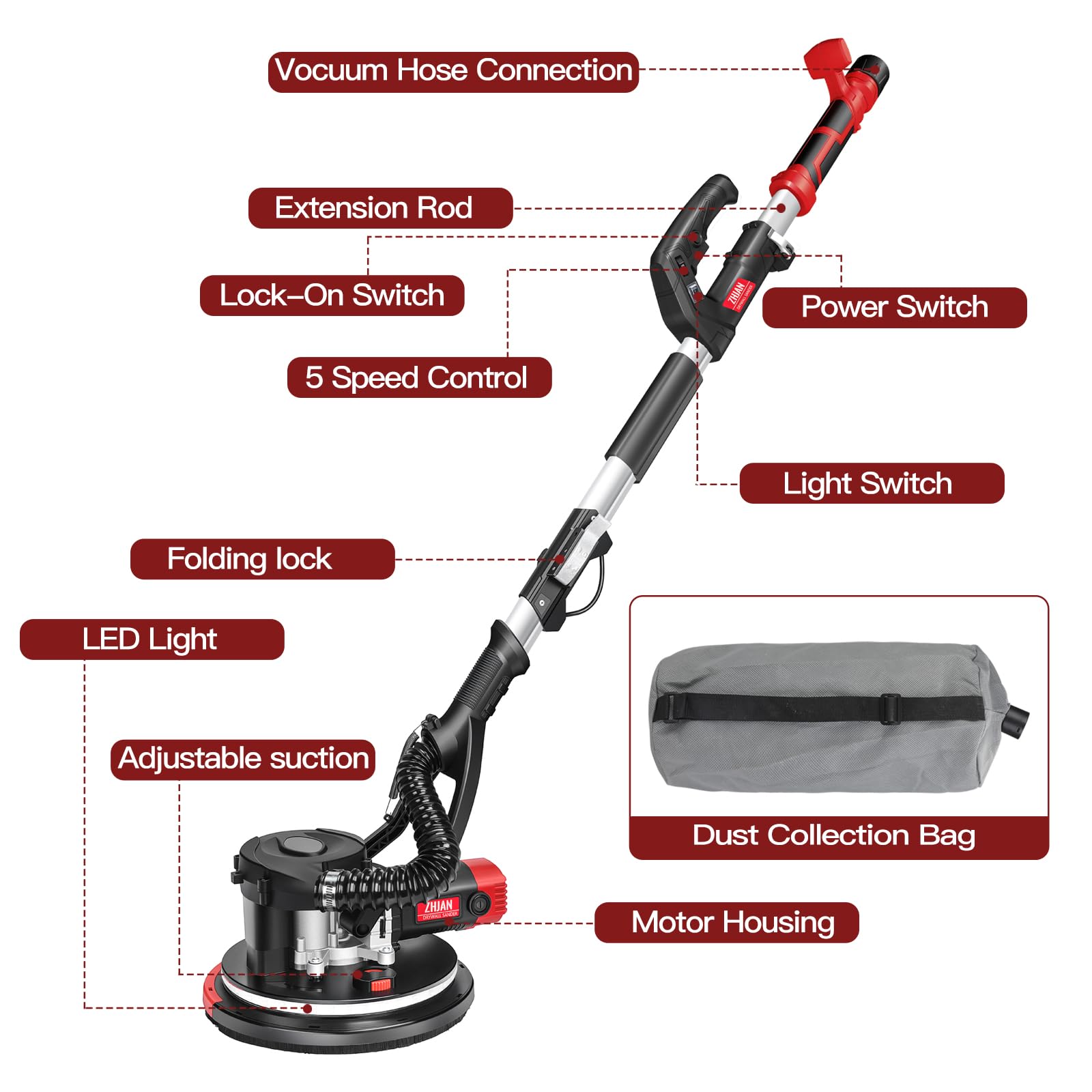 Trockenbauschleifer 880W, 5 Geschwindigkeiten Schleifgiraffe 1000-2100 U/min, Wandschleifer faltbar,Ausziehbarer Griff, LED, Staubschlauch & Tasche mit 12 Schleifscheiben