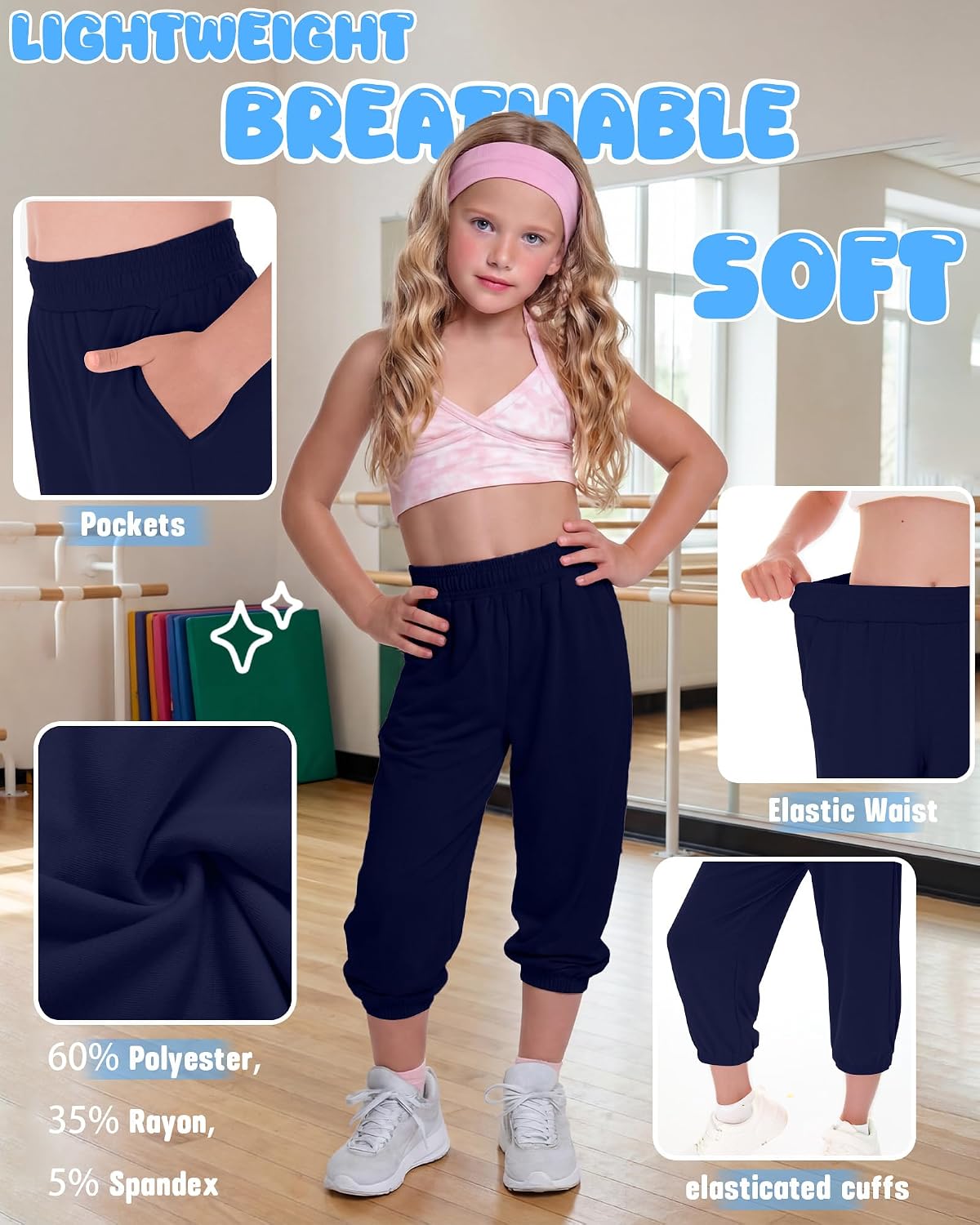 3 Pcs Girls' Capris Sweatpants 5-14Y Kids Cropped Elastic Waist Joggers with Pockets Teens Summer Casual Cute Pants