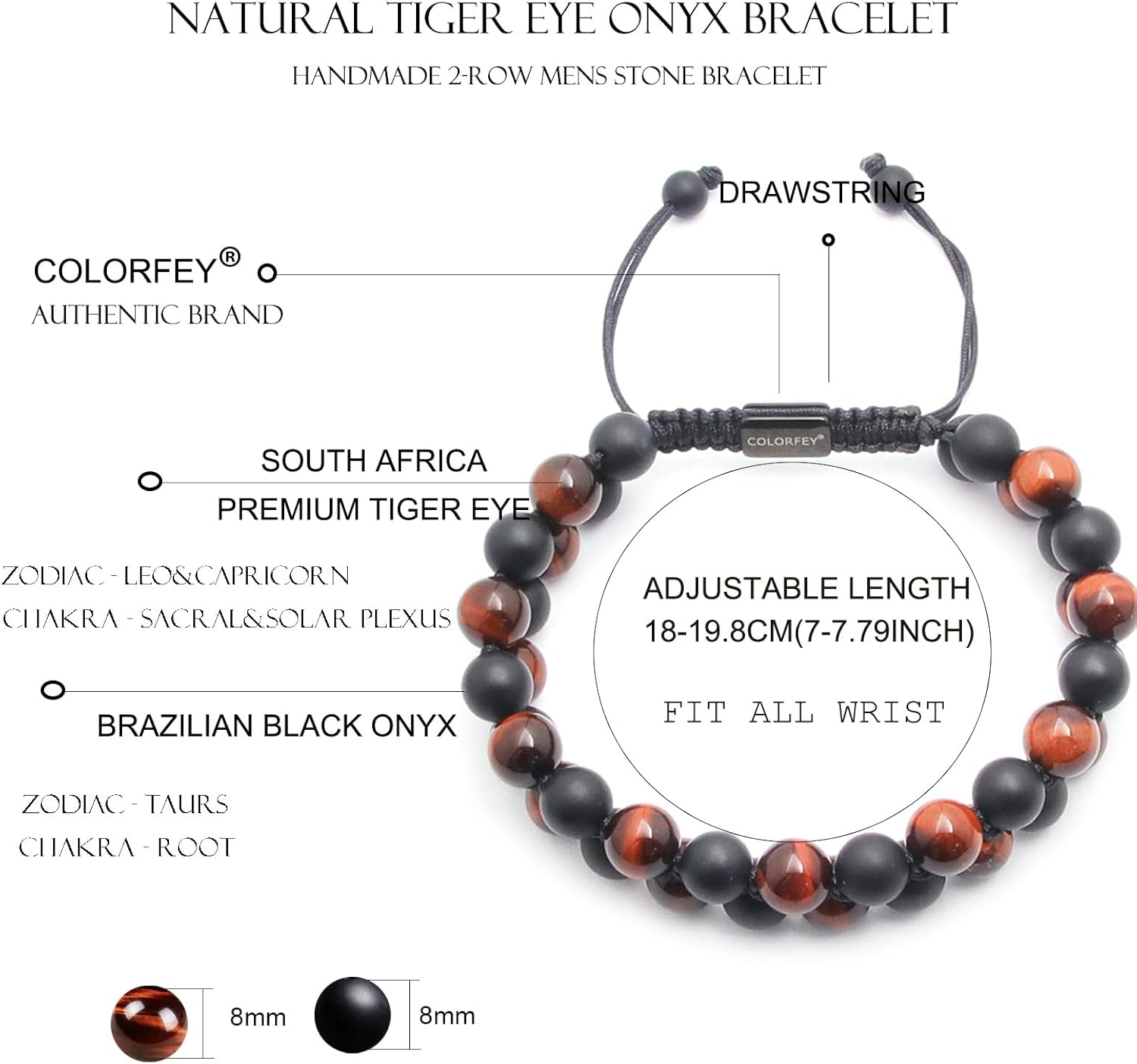 Protection Crystal Beaded Bracelet for Men, COLORFEY Mens Bracelet Red Tiger Eye Onyx Bead Bracelets 8mm, Handmade 2Row Masculine Bracelet for Men, Real Crystal Bracelets Christmas Gifts for Him - Image 8