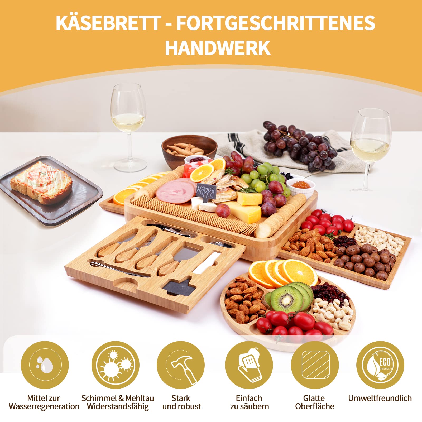 Bambus-Käsebrett, Käsebrett mit Käsemesser-Set, Charcuterie Board,Käsebretter, Servierbrett, für Wein, Cracker, Brie und , Fleisch, Einweihungsgeschenk für Leckereien, Weihnachten, Erntedankfest