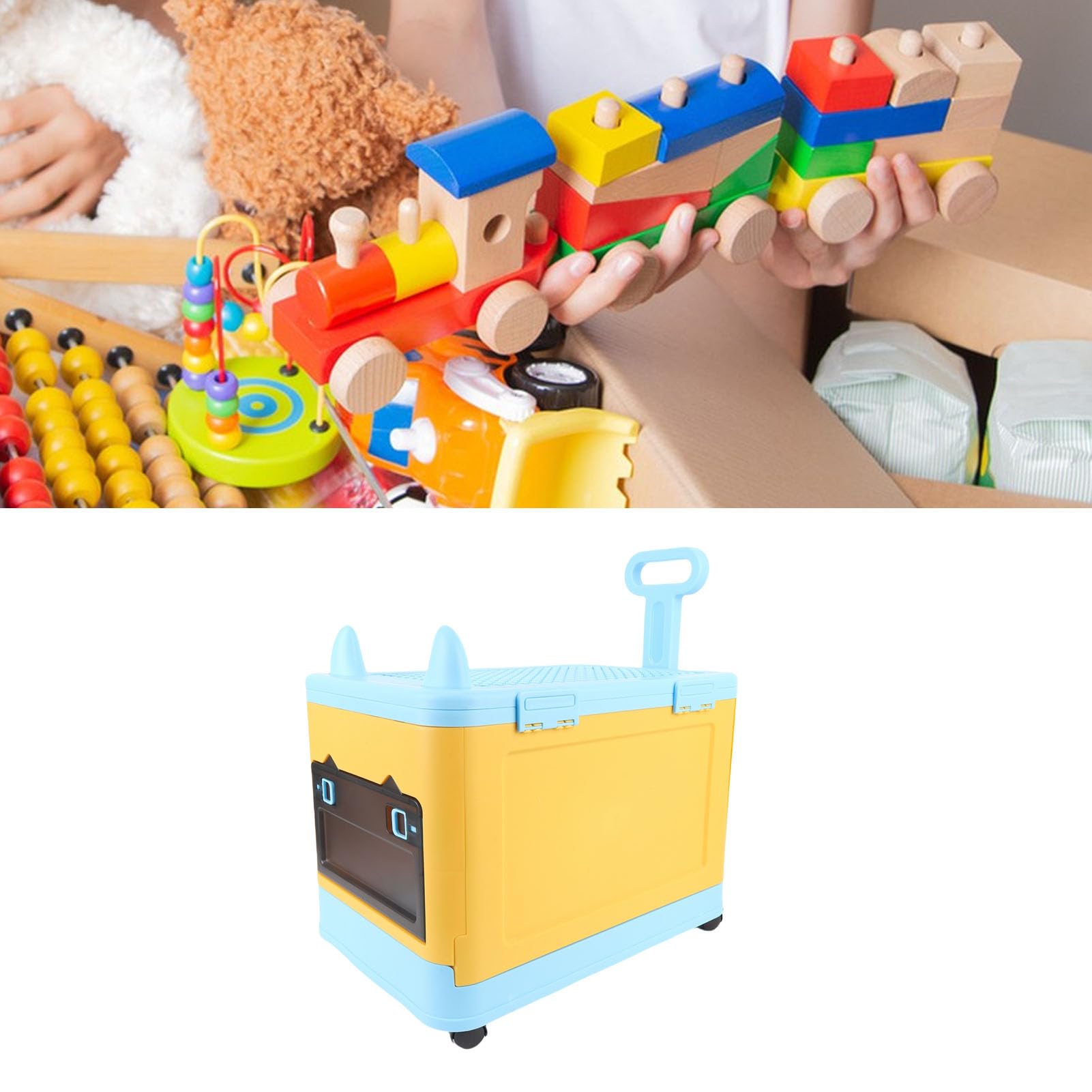 Jiawu Lindo Baúl de Juguetes con Ruedas, Caja de Almacenamiento de Juguetes Resistente para Cosas de Niños, Organizador de Almacenamiento de Fácil de Mover, Estuche de de (azul amarillo)