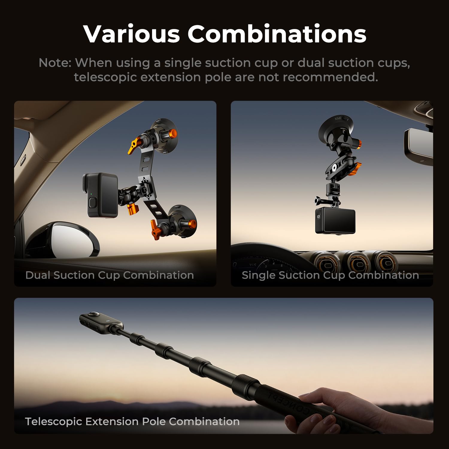 K&F CONCEPT Supporto Fotocamera Auto con 3 Ventose da 3” e Braccio Magico 360° – Asta Telescopica Regolabile – Supporto a Ventosa Stabile per GoPro, Insta360, Smartphone – Accessori Video per Auto