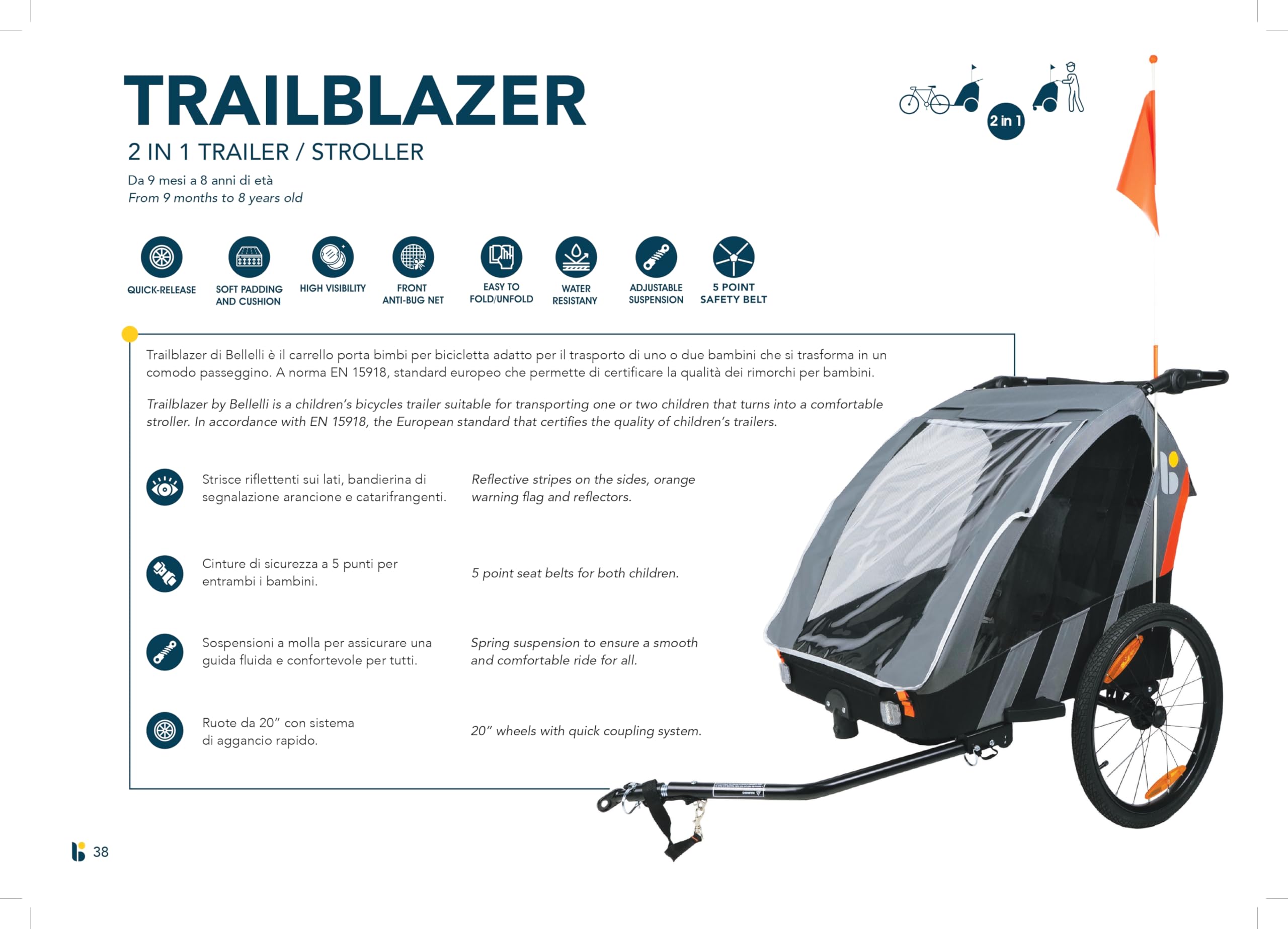 REMORQUE Enfant 2 Places 20' Trailblazer Light/Blue BELLELLI
