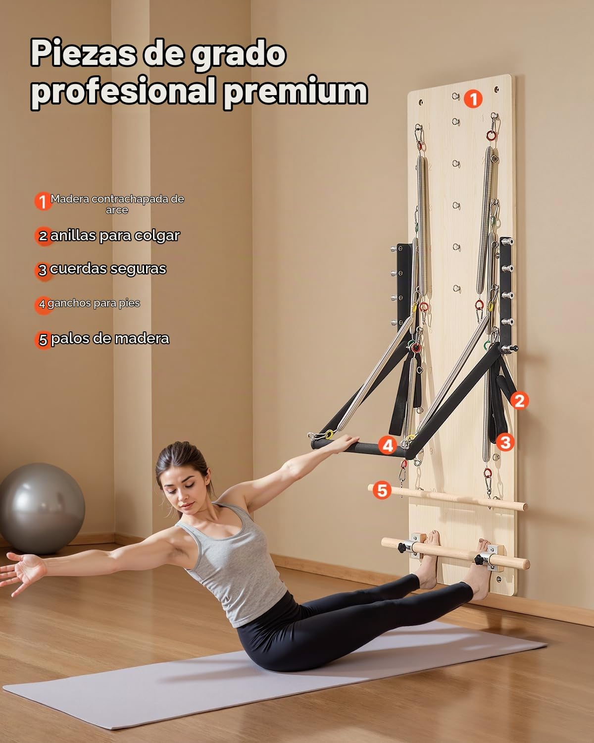 VEVOR Máquina de Pilates Reformer de Pared, Trampolín de Pilates de Madera de Arce, con Resortes de Resistencia, para Flexibilidad y Equilibrio en Gimnasio en Casa, 1830 x 560 x (800) x 620 mm