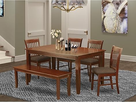HomeStock Kitchen Dining Set 6 Piece - Rectangle Table, 4 Chairs & Bench - Mahogany Finish