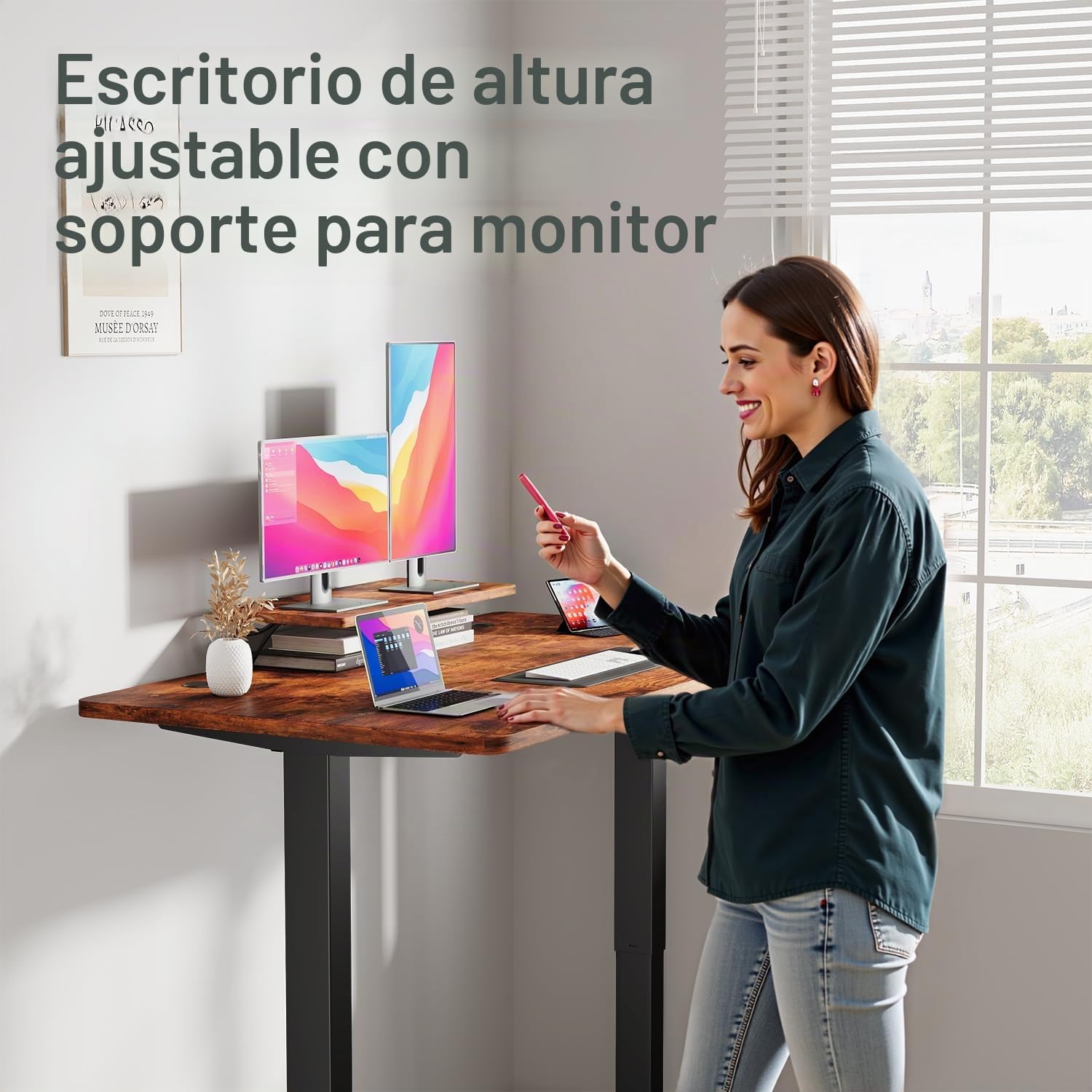 JUMMICO Escritorio Regulable en Altura con Soporte para Monitor, Escritorio de Pie Eléctrico para Oficina en Casa y Gaming, 120 * 60cm, Marrón