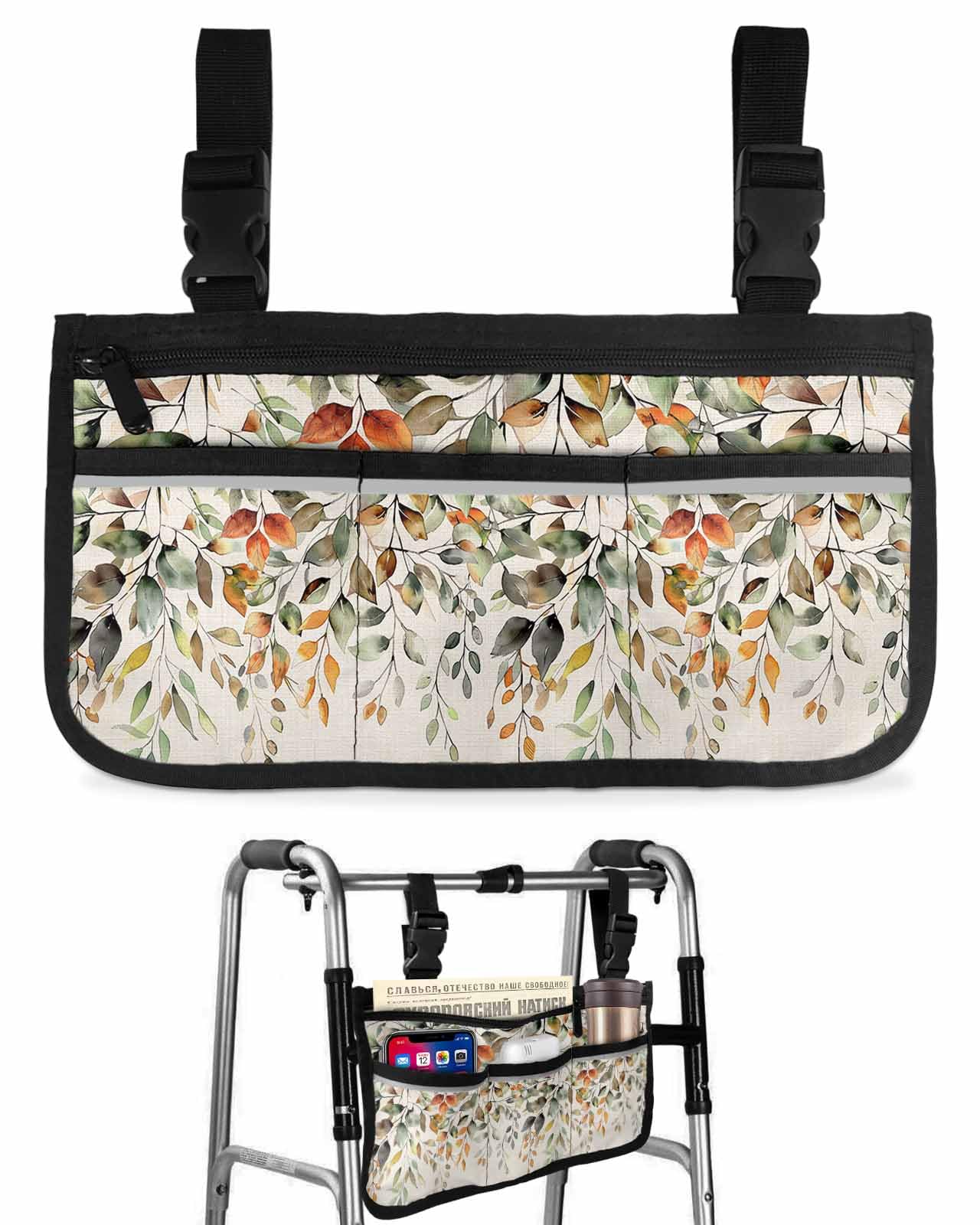 Anzona Fall Botanical Wheelchair Side Bag Walker Bag, Sage Green Eucalyptus Leaves Burlap Wheelchair Accessories Armrest Pouch, Organizer Storage Bag for Walkers, Rollators, Scooters, 7.3''x13''