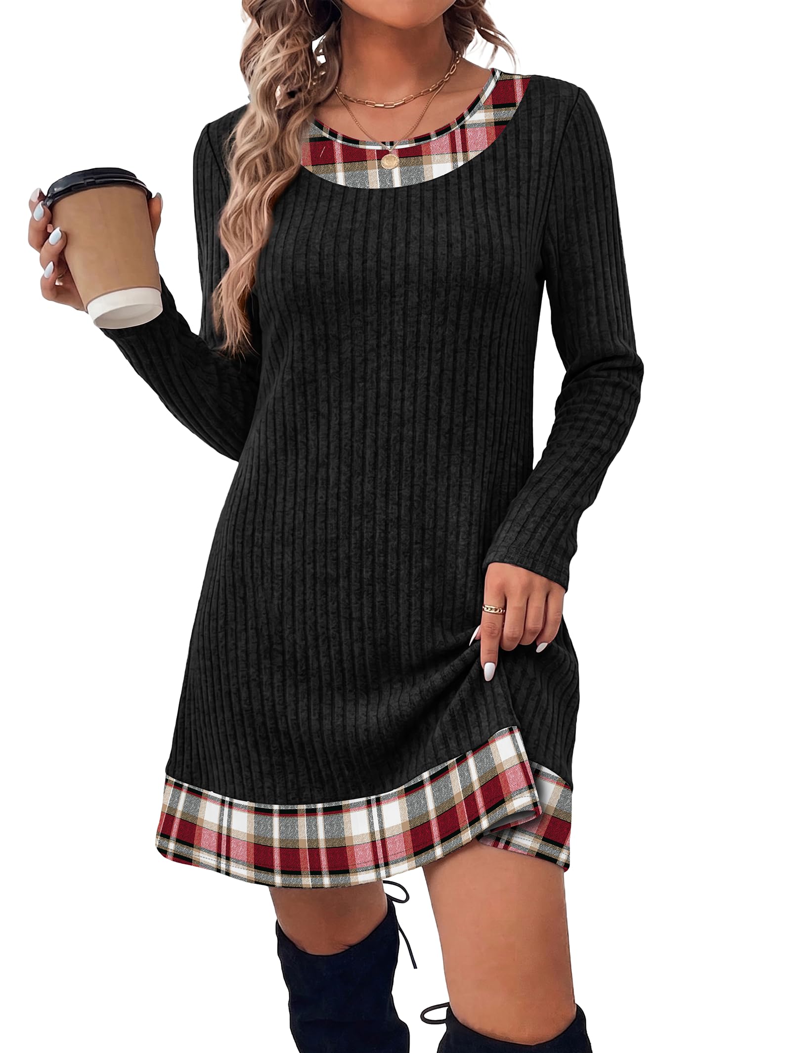 OFEEFAN Fall Dresses for Women 2026 Long Sleeve Sweater Dress Color Block | Side Pockets, Ribbed, Lightweight, Winter Clothing, Loose Fit