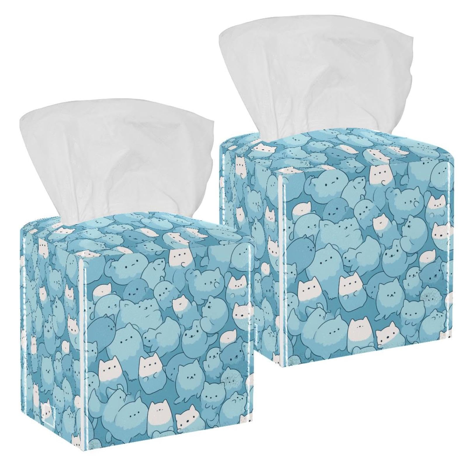 Lovely Cat Tissue Box Cover, 2 Pack PU Leather Square Facial Tissue Dispenser Box holder for Home Office Car