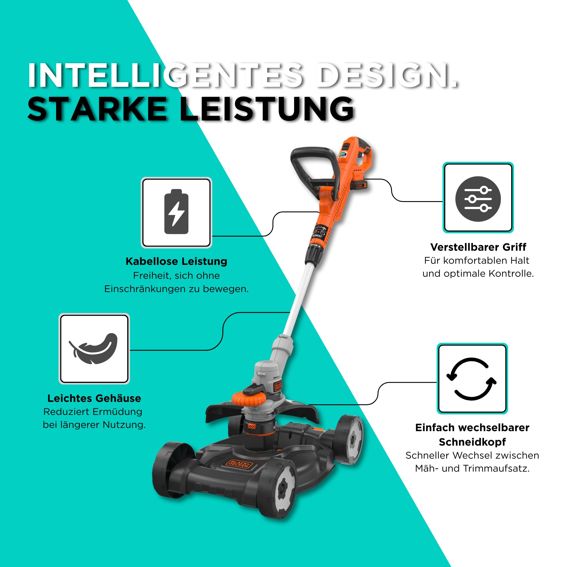 BLACK+DECKER Akku-Rasentrimmer 18V POWERCONNECT 3-in-1, Rasentrimmer, Rasenkantenschneider & Grasschneider, Einfacher Wechsel zum Rasenmäher für Kleine Gärten – STC1820CM-QW