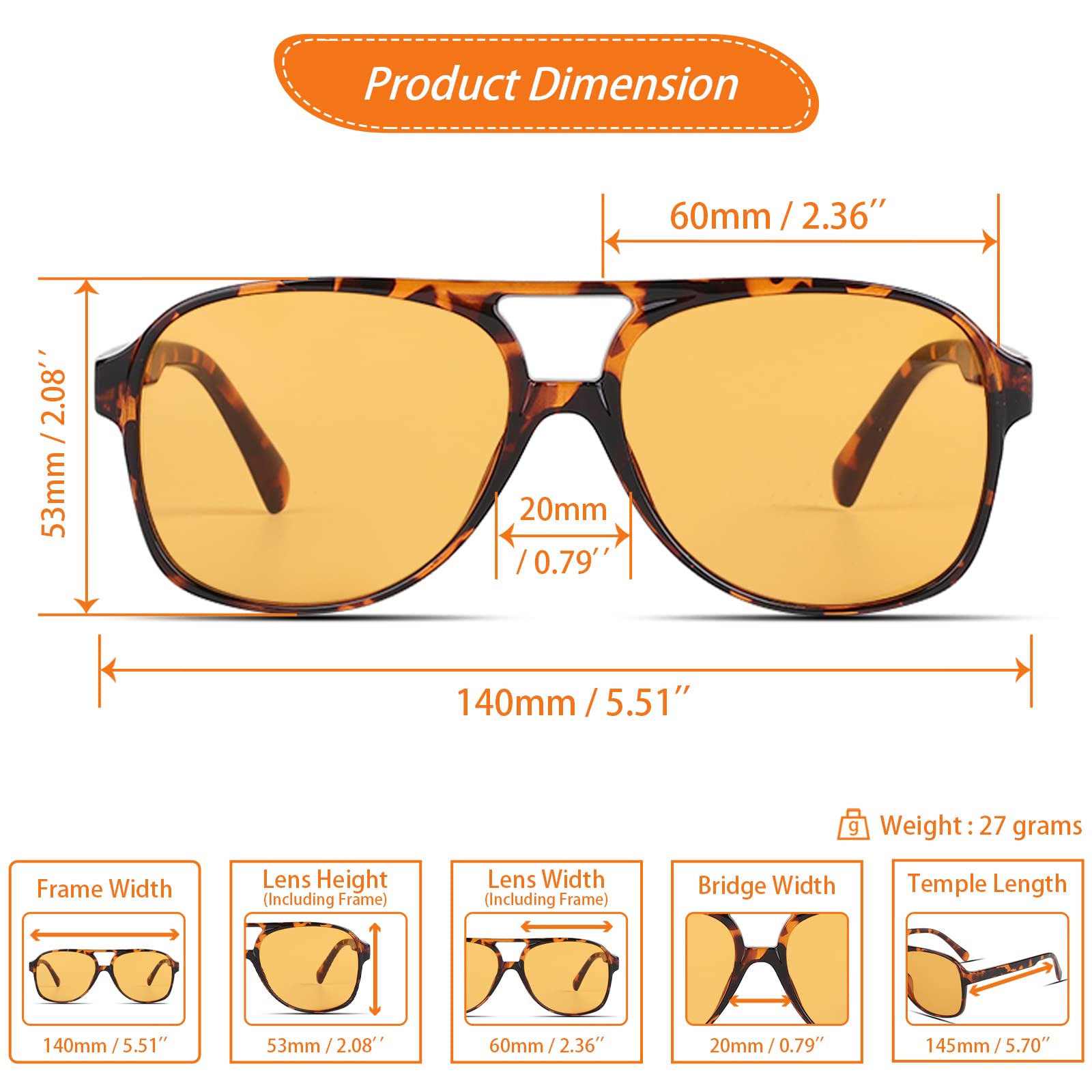 Xpectrum Big 70er Jahre Retro inspirierte klare gelbe Sonnenbrille für Herren und Damen, coole getönte Vintage-Sonnenbrille