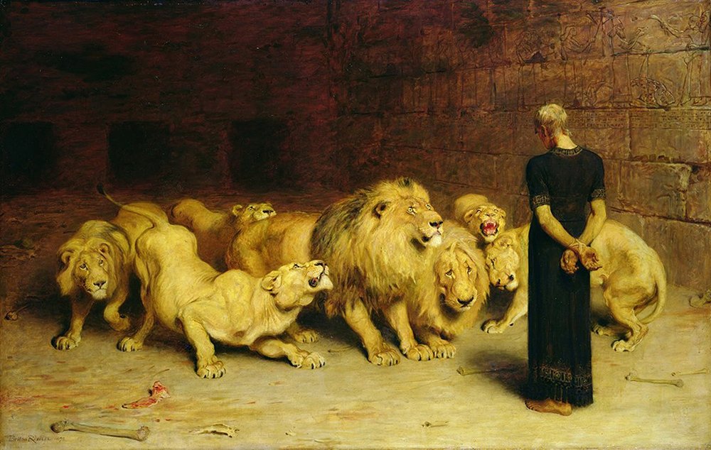 Tableau Daniel in The Lions' Den 1872 par Briton Riviere grand format avec cadre marron satiné