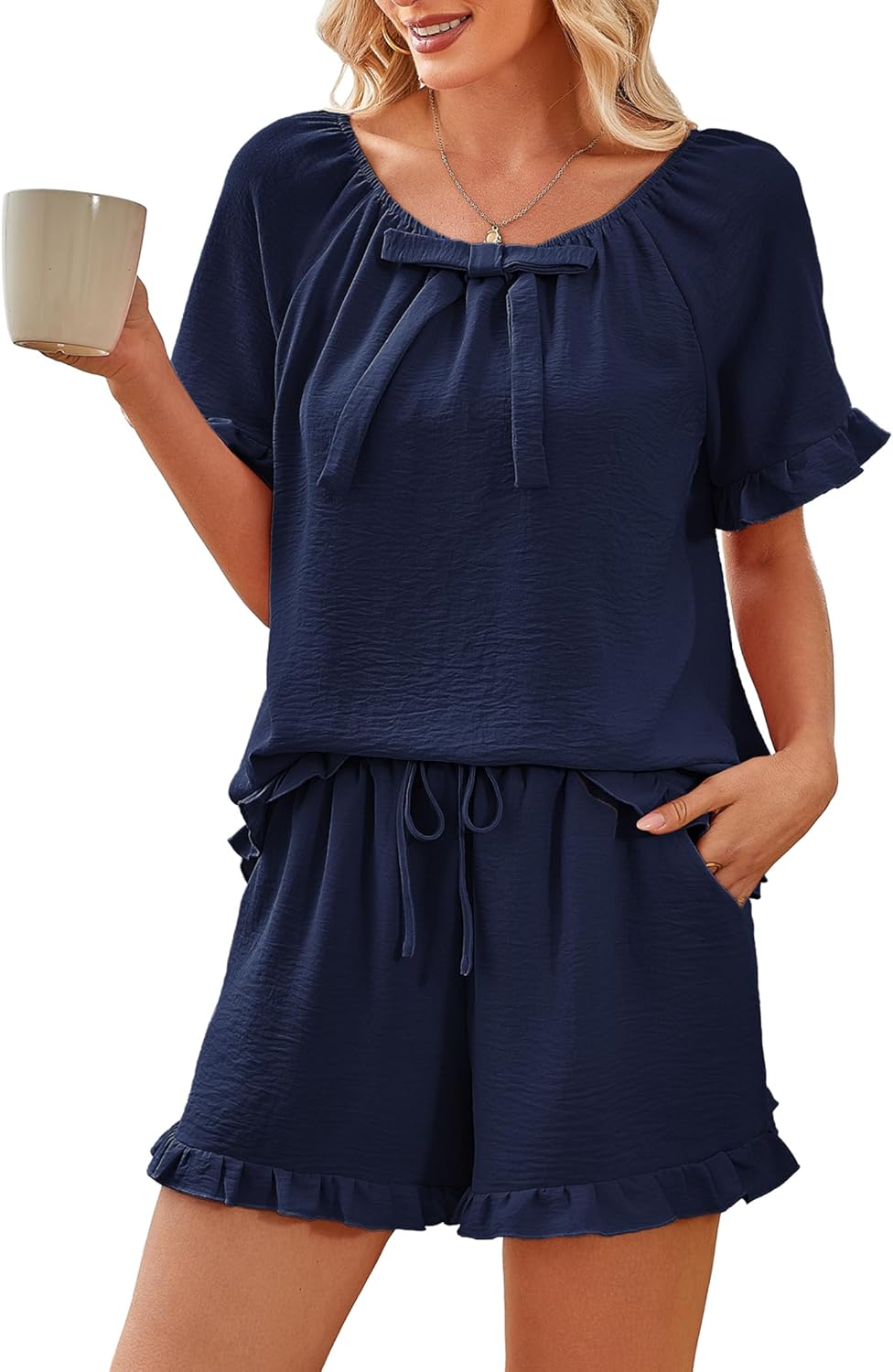 Kikibell Women's 2-Piece Ruffle Short Sleeve Pajama Set with Pockets - Soft Breathable Lounge Sleepwear Shorts