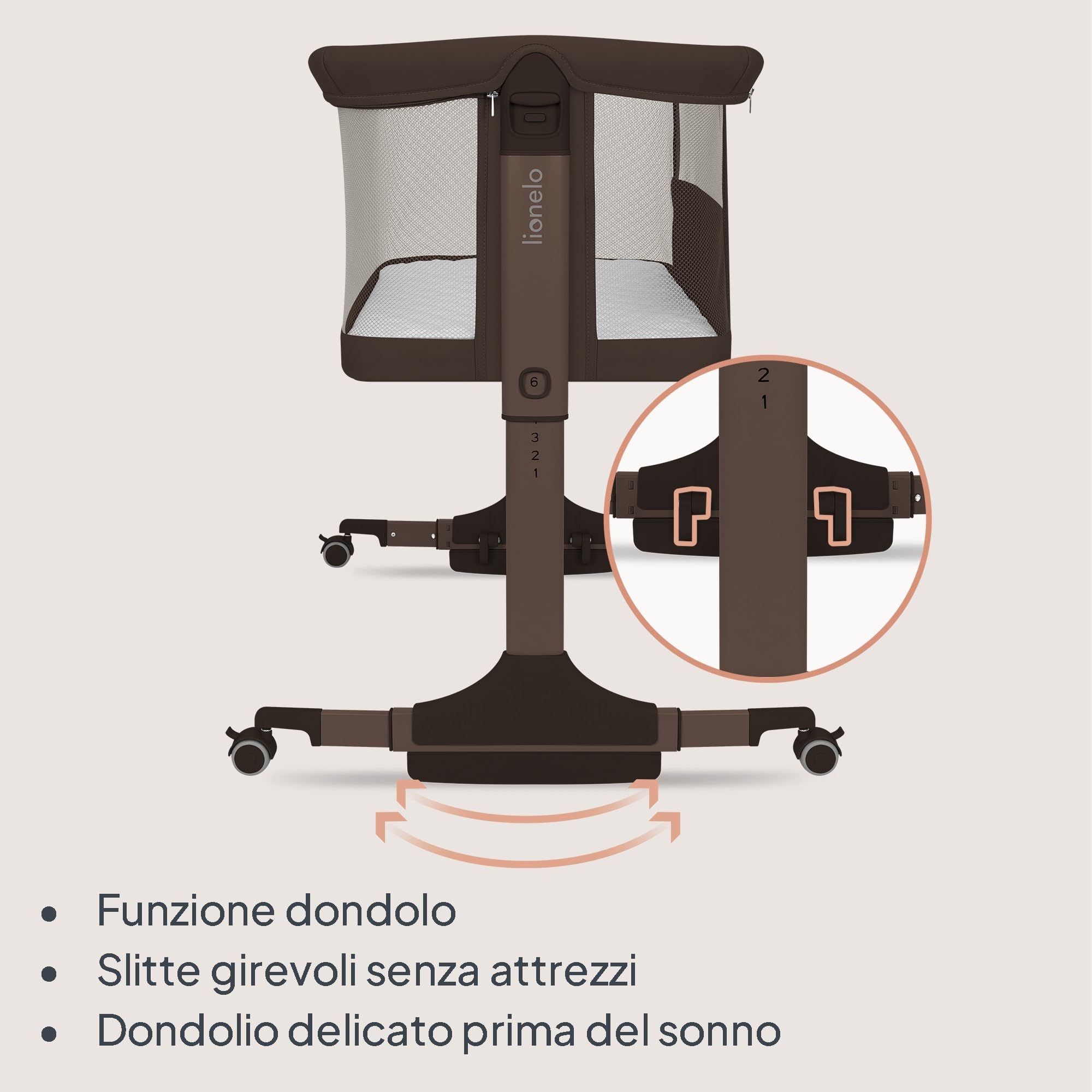 lionelo PARI Culla Co Sleeping Fianco Letto 3 in 1, Regolabile in Altezza 6 Livelli, Materasso T25 2 cm, Ruote con Blocco e Dondolo, Gambe Regolabili per Letto Continentale, Rivestimento Lavabile - 5