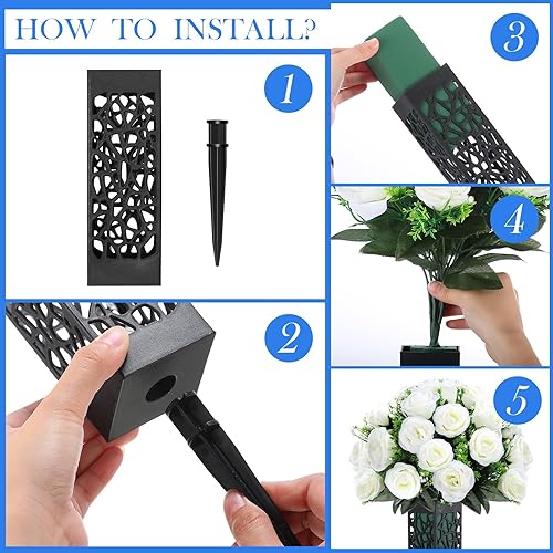 Miniatura 4 de Yahenda 2 juegos de flores artificiales de cementerio, 36 cabezas, rosa con 2 marcadores de tumba, florero con orificio de drenaje, espigas largas y