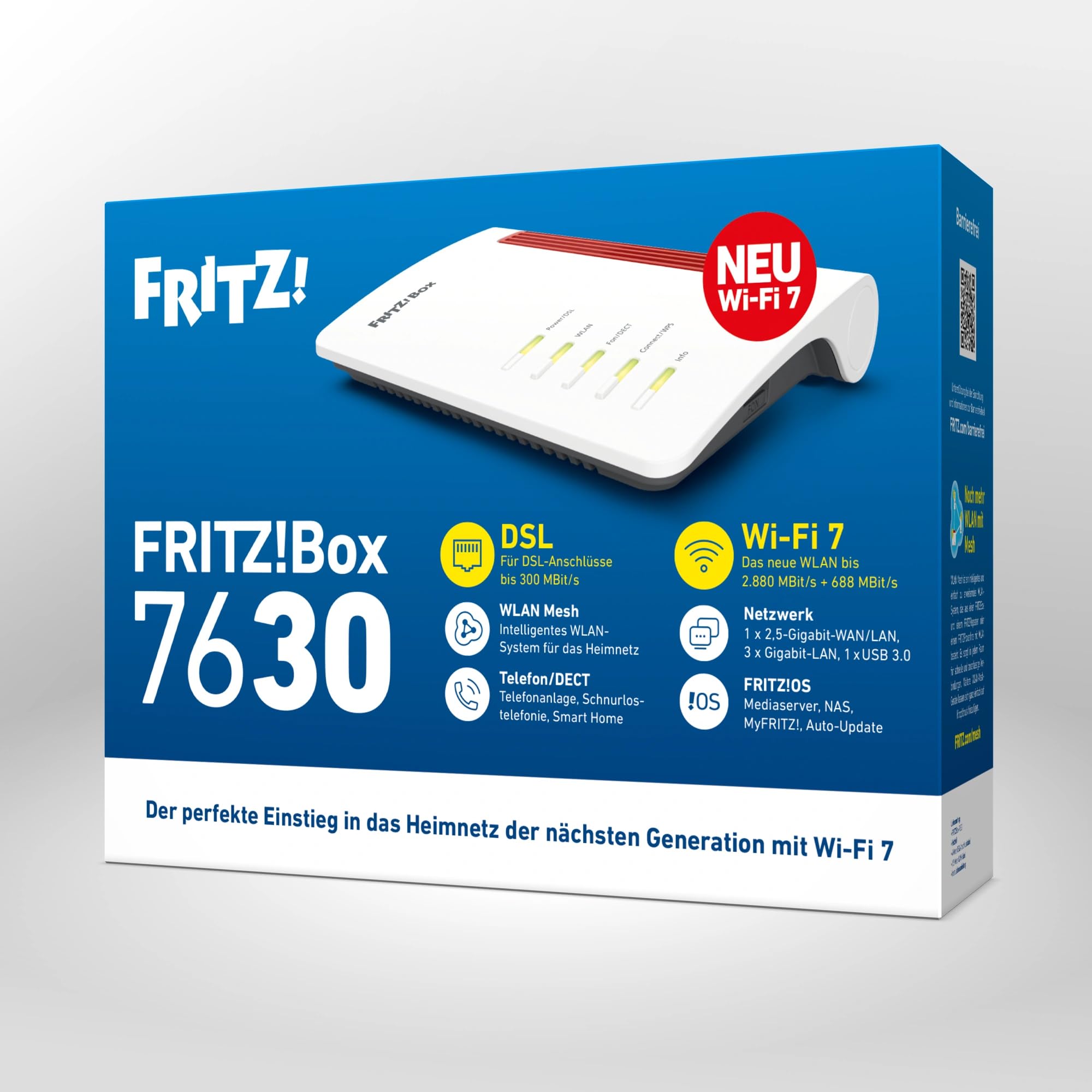 FRITZ!Box 7630 | DSL-Router | Wi-Fi 7 bis zu 3,6 GBit/s | Dualband WLAN (2,4/5 GHz), zukunftssicher für Streaming & Gaming, Telefonie & Smart Home Zentrale, WLAN Mesh, Made in Europe