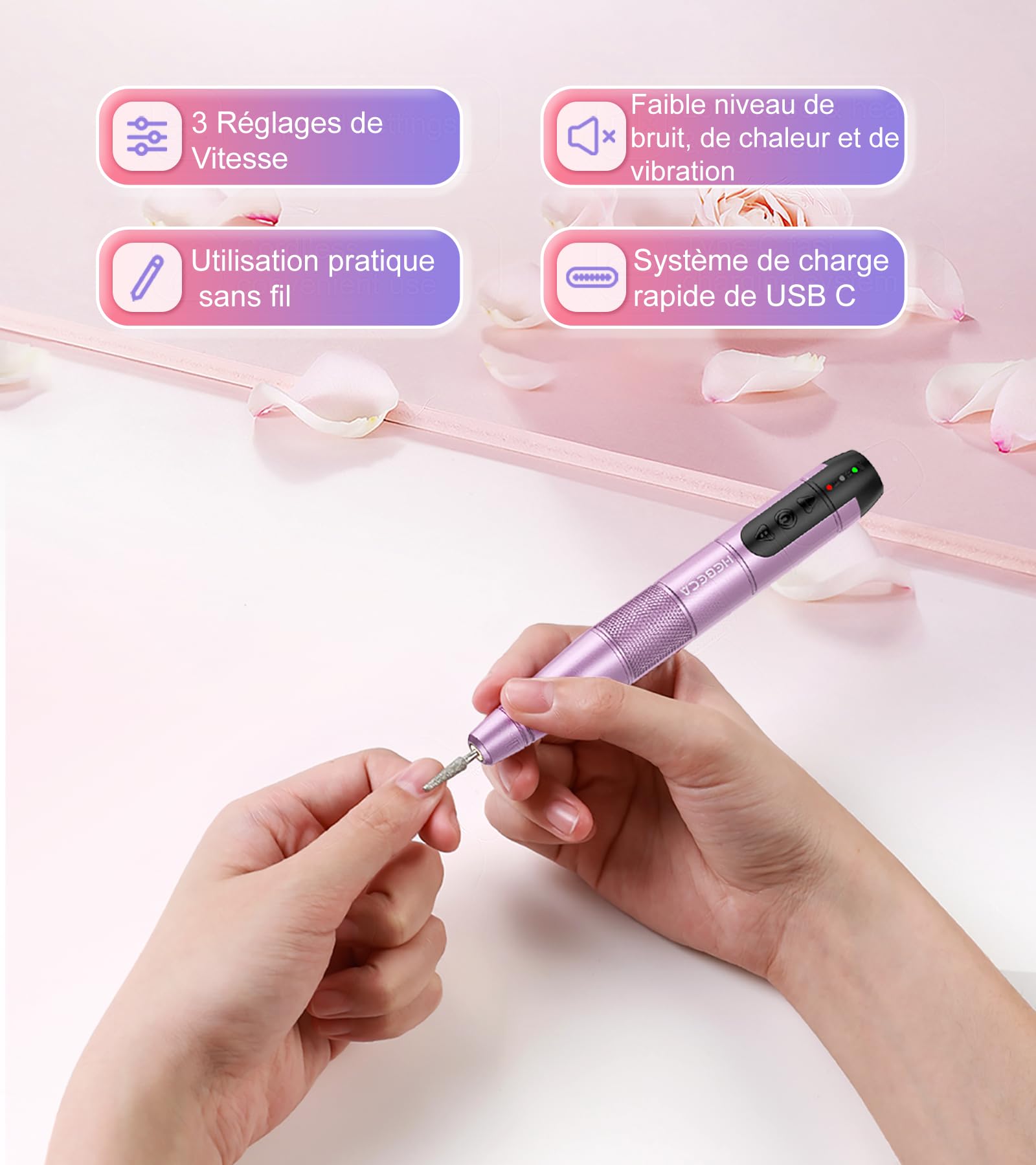 HEBECA Ponceuse pour ongles professionnel - 20000RPM Lime a Ongle Electrique Portable - Ponceuse Ongles sans fil Kit complet de Manucure et Pédicure Polyvalence (Rose)