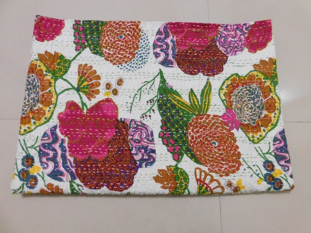 V Vedant Designs Queen Size White Cotton Kantha Quilt Reversible Throw Blanket Fruit Print Bedding