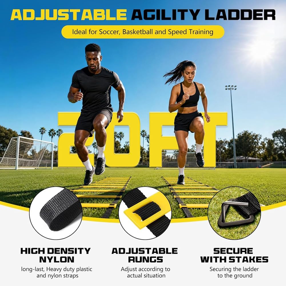 Juego de 2 Escaleras de Agilidad de 20 Pies, 40 Pies en Total, Escalera de Velocidad Ajustable para Entrenamiento de Fútbol, Baloncesto Deportes.