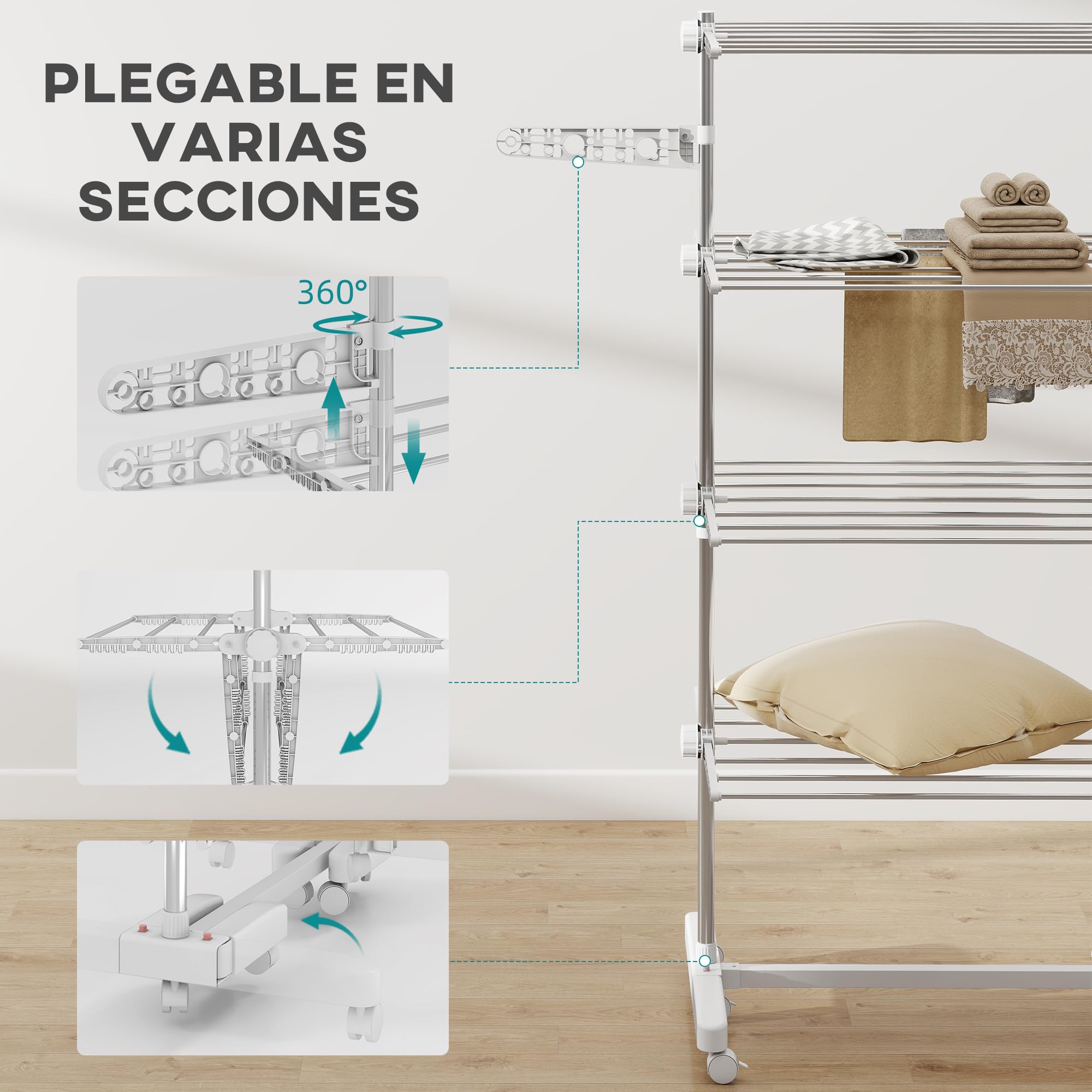 HOMCOM Tendedero Vertical Plegable Tendedero de Ropa con 6 Ruedas 2 Laterales Abatibles Estantes Ajustables y Marco de Acero Inoxidable para Interior y Exterior Blanco