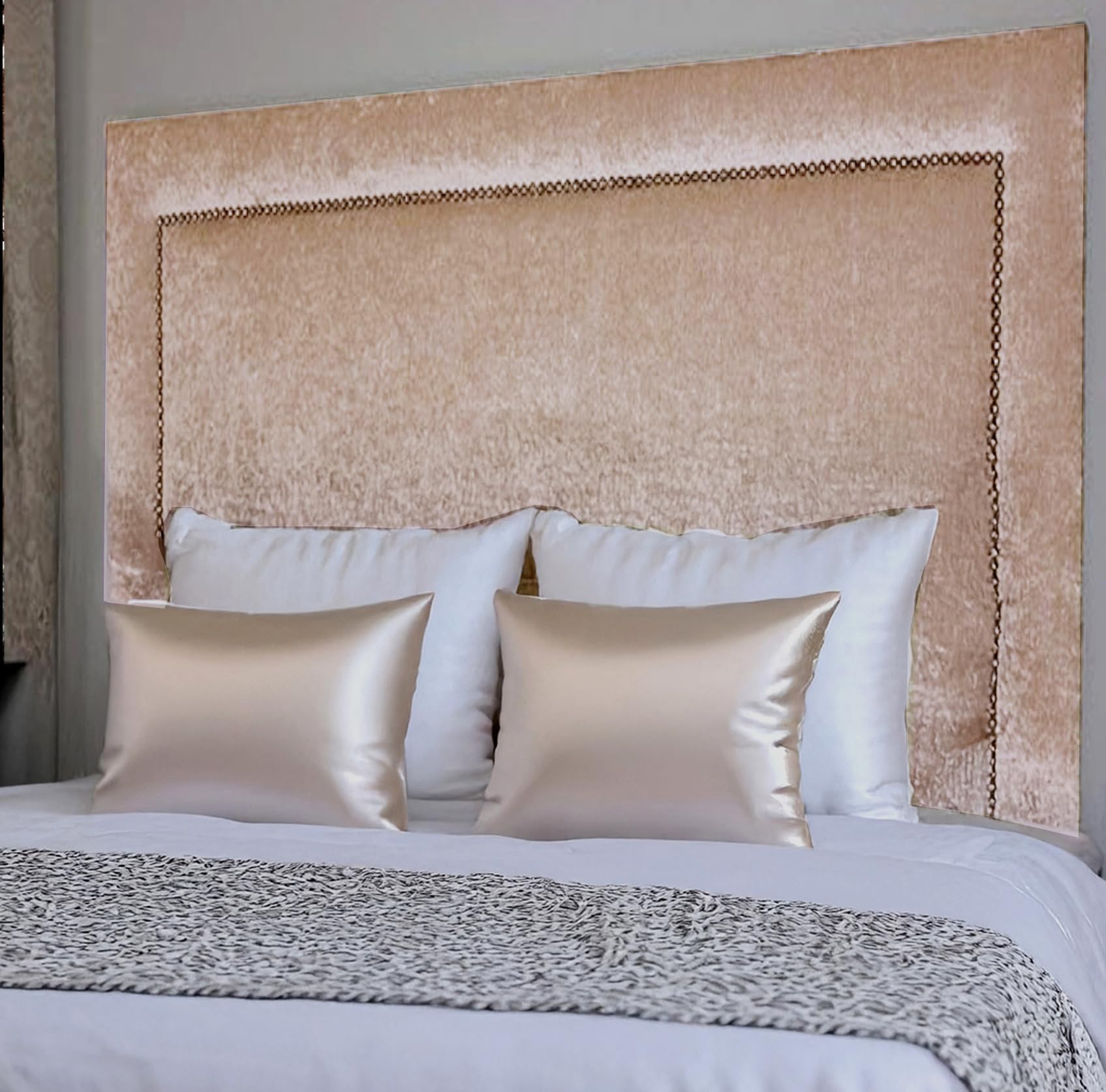 ELEGANT DESIGN STUDDED HEADBOARD IN LUXURY CRUSHED VELVET FABRIC - 3FT SINGLE, 4FT SMALL DOUBLE, 4FT6 DOUBLE, 5FT KING SIZE, 6FT SUPER KING SIZE - 30" HEIGHT (CHAMPANGE, 4FT6 DOUBLE SIZE)