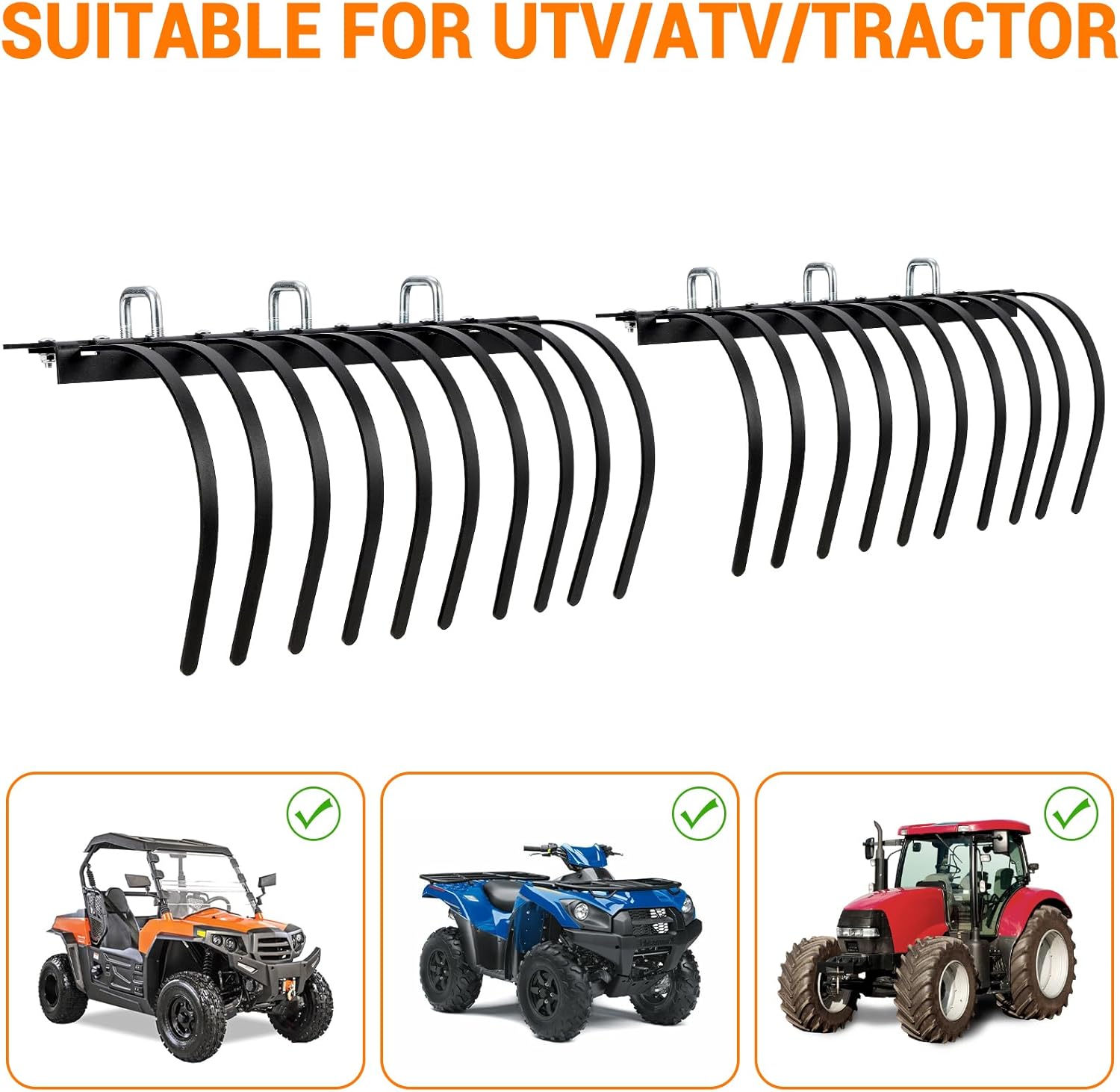 ATV/UTV Landscape Rake Implement for Removal of Rock, Grass Clumps and Debris with 20 Removable Tines Prep for Seeding, Cultivate, Maintain Land Manual Implement Lift, Powder Coated Steel, Black 60"