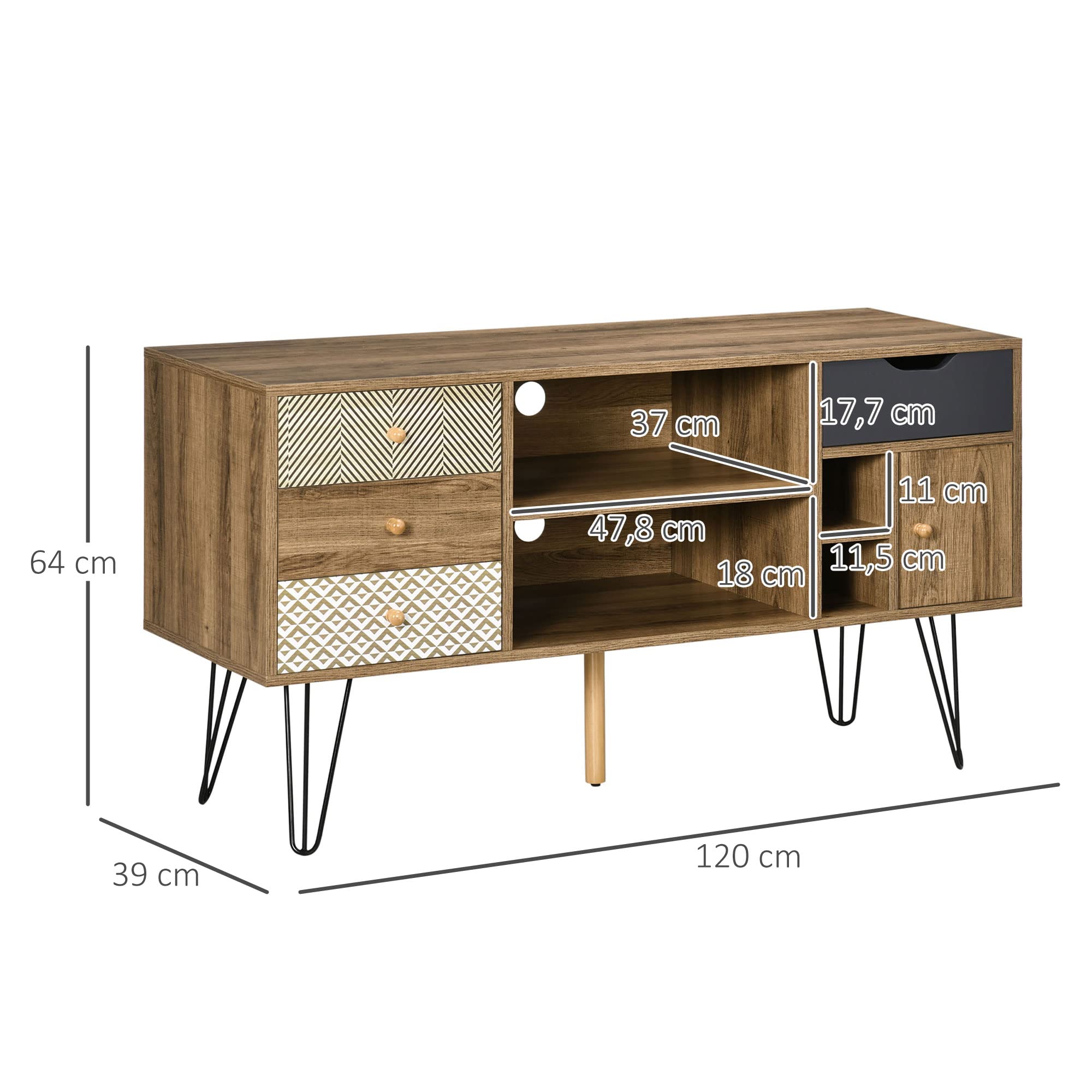 HOMCOM Mueble de TV con Estantes de Almacenamiento 4 Cajones y Patas de Metal Mesa para TV de Salón para Televisores de hasta 50 Pulgadas para Dormitorio 120x39x64 cm Marrón