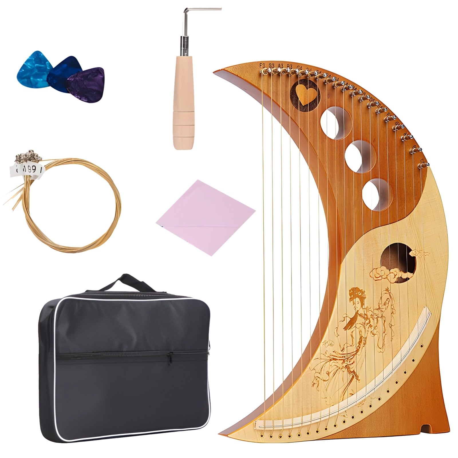 19-saitige Lyraharfe mit geschnitztem Design, Massivholzkorpus, inkl. Zubehör und Stimmgerät, leicht zu spielen, tragbares Instrument für Anfänger und Fortgeschrittene, ideal für unterwegs