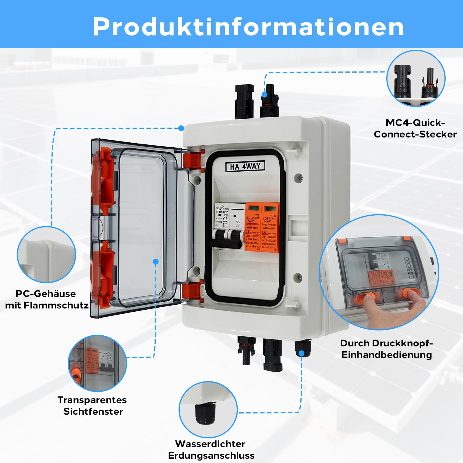 Protezione da sovratensione in PV, SPD 20kA, Interruttore 40A 500V, IP65 Plug and Play Quadro Fotovoltaico