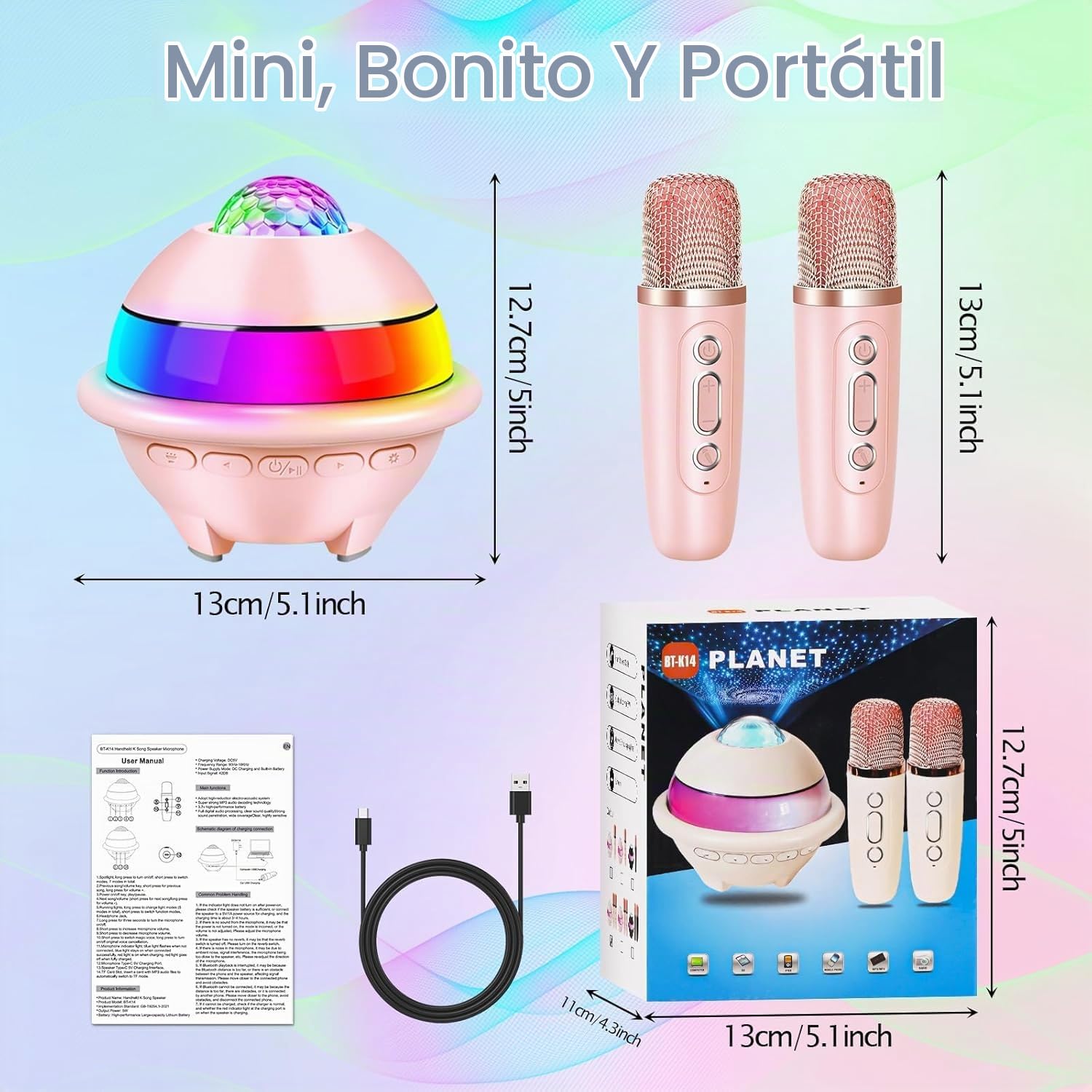 JONRRYIN Karaoke Infantil con 2 Microfonos Inalambricos, Microfono Karaoke Bluetooth con Luces LED Discoteca y Efectos de Voz, Regalo Niñas y Niños, Juguetes Bola Discoteca (Rosa)