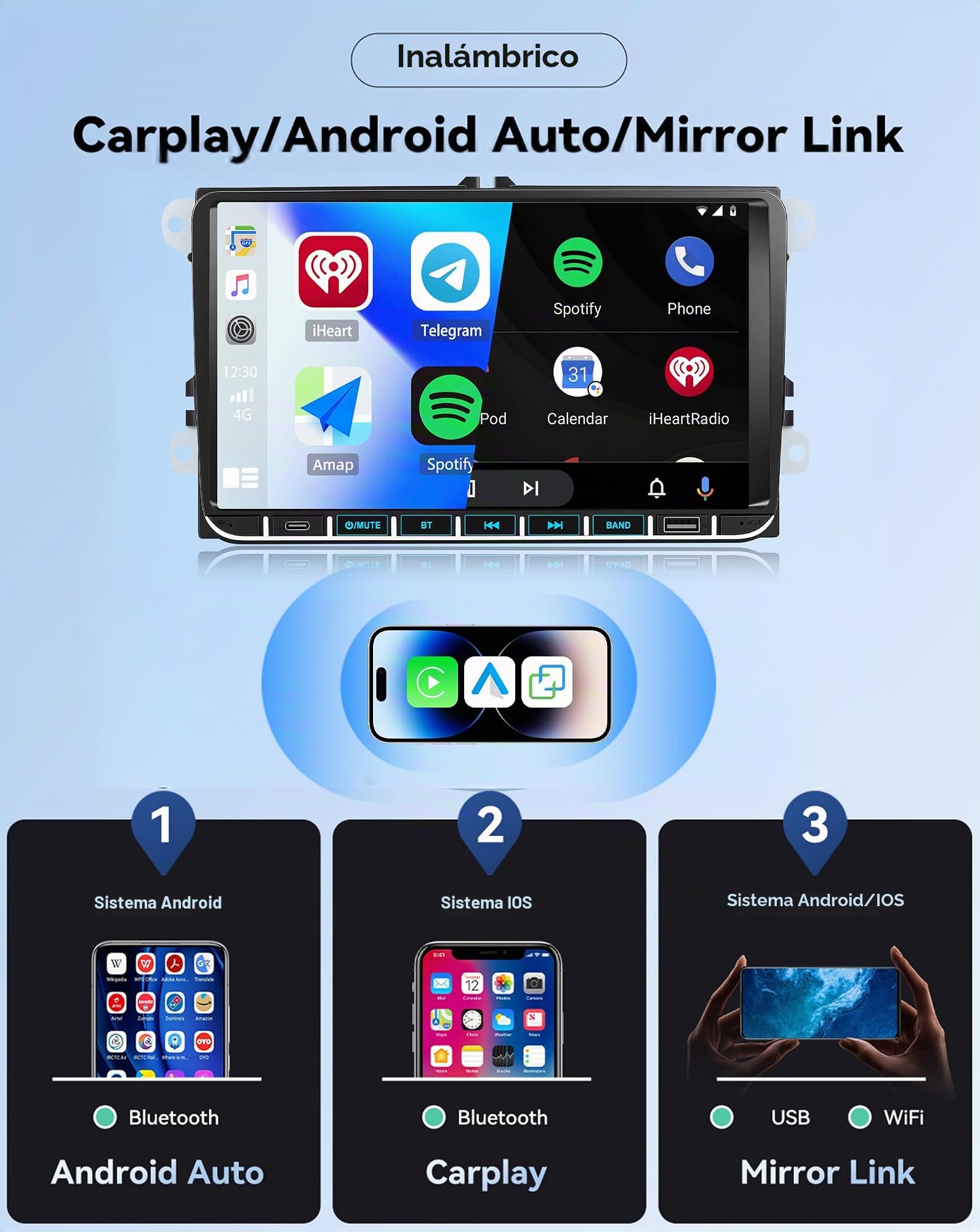 SIXWIN Android 15 4+128 GB Autorradio para VW Golf 5 6/Passat/Polo/Seat/Caddy/Touran con CarPlay/Android Auto, Pantalla HD de 9 Pulgadas con GPS, WiFi, Bluetooth 5.0, FM/RDS, EQ, USB-C y Cámara
