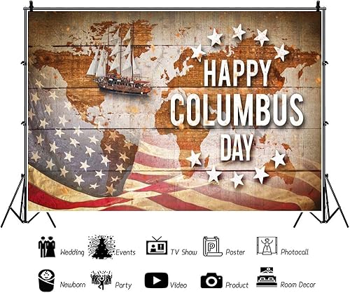 Miniatura 2 de Leyiyi Telón de fondo para fotografía del Día de Colón, 5 x 3 pies, diseño vintage con mapa náutico, bandera de Estados Unidos, grunge, velero,