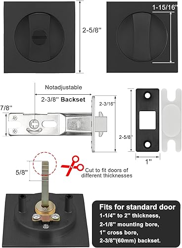 Miniatura 4 de Surnovae Paquete de 2 cerraduras de puerta de bolsillo para camabaño, color negro mate, contemporáneo, privacidad cuadrada, cierre de puerta