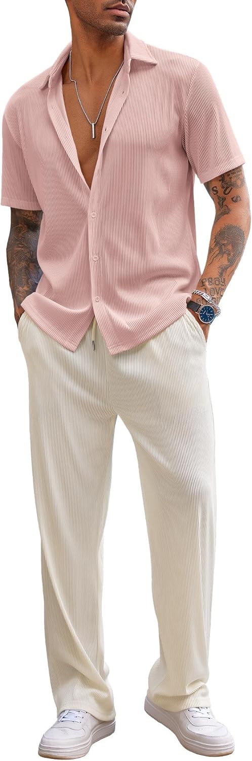 COOFANDY Men's 2 Piece Outfit Casual Short Sleeve Button Down Shirt Beach Summer Loose Pant Sets